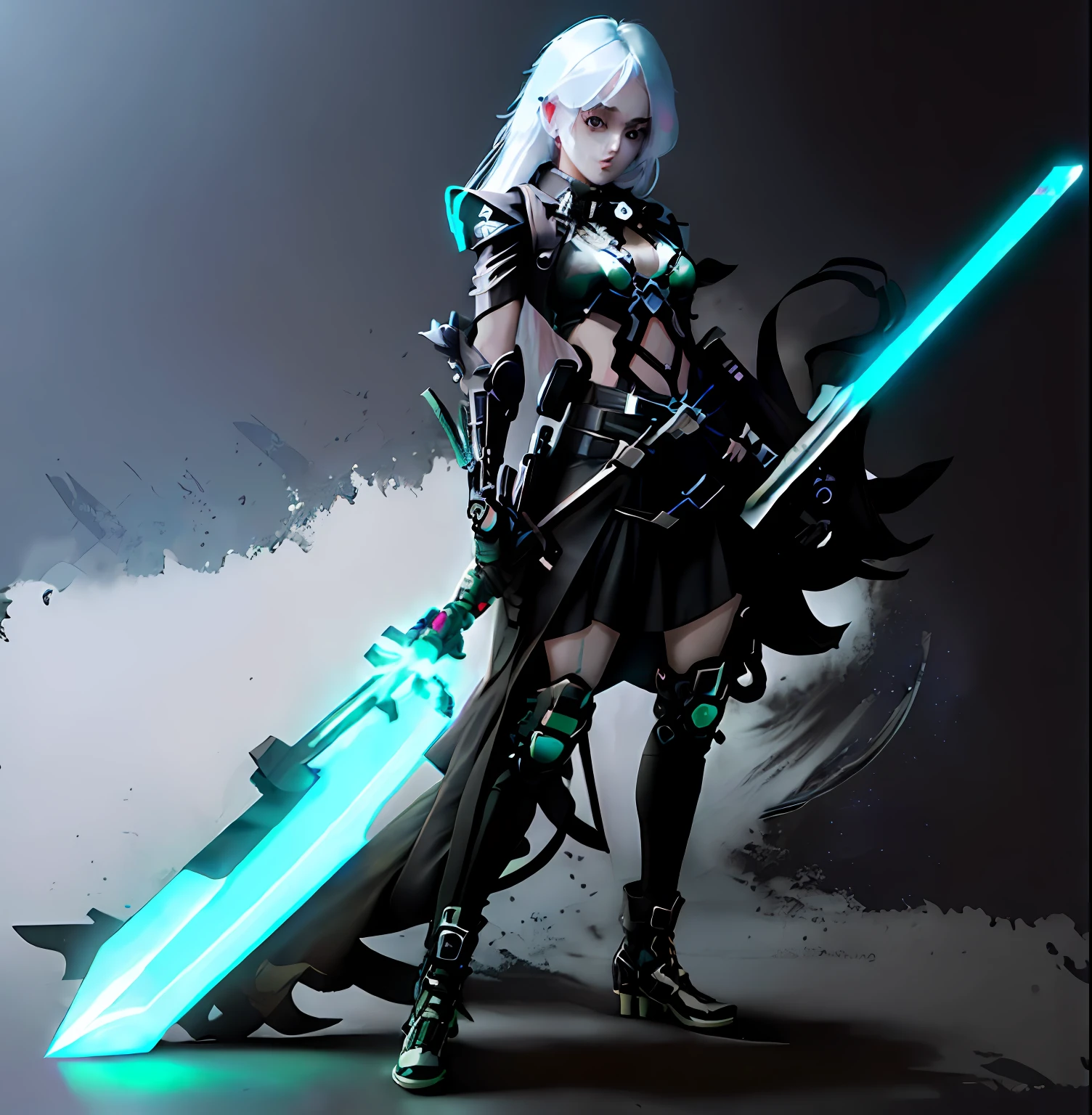 Draw a woman with a sword and a gun, clean anime outlines, full body concept, yandere intricate, line work concept art, heavy outline, clear outfit design, ( ( concept art of character ) ), full body action concept art, detailed full body concept art, detailed full-body concept, official character illustration, full body character concept, concept character, hyper contrast well drawn