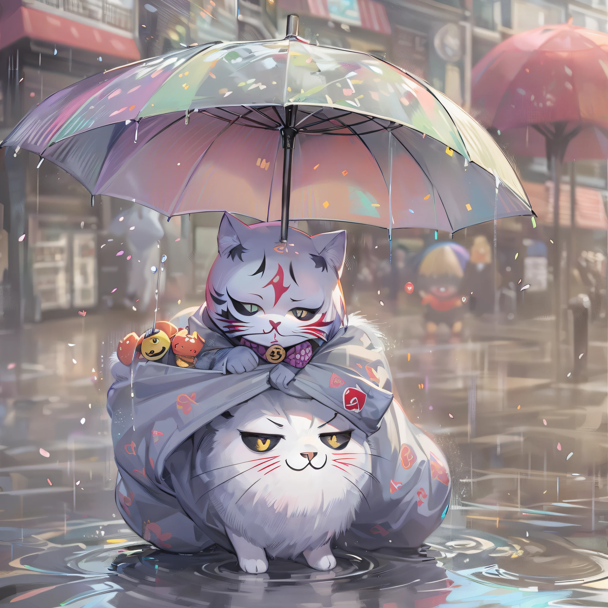 a soft and fluffy kawaii cat(((wear Joker clothing ))),hold umbrellas in the floating city, 32K