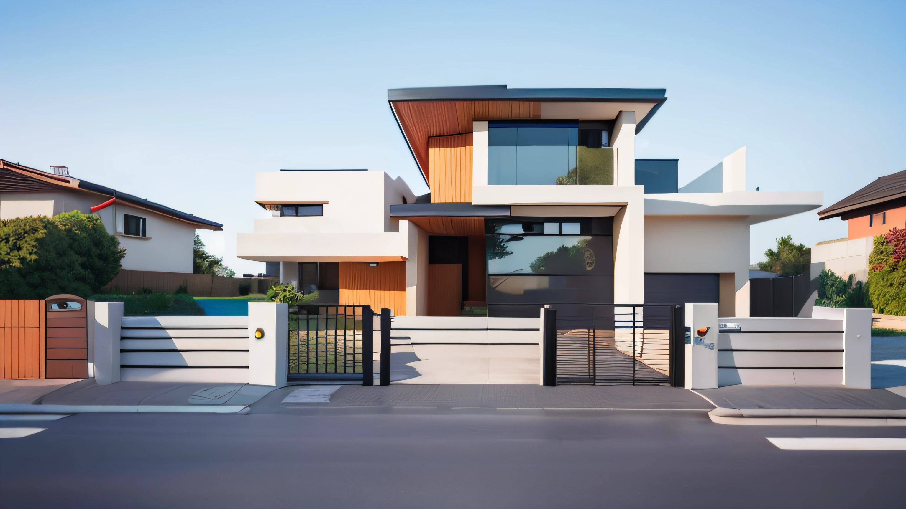 3D style of modern house with garage and garage door, neotraditional modern, Exterior design, up front view, contemporary house, wide establishing shot, inter dimensional villa, one house, custom modern castle, concept house, large modern residence, inspired by Tōshi Yoshida, in style of simplified realism, casa completa, front elevation view, front elevation, Residential houses