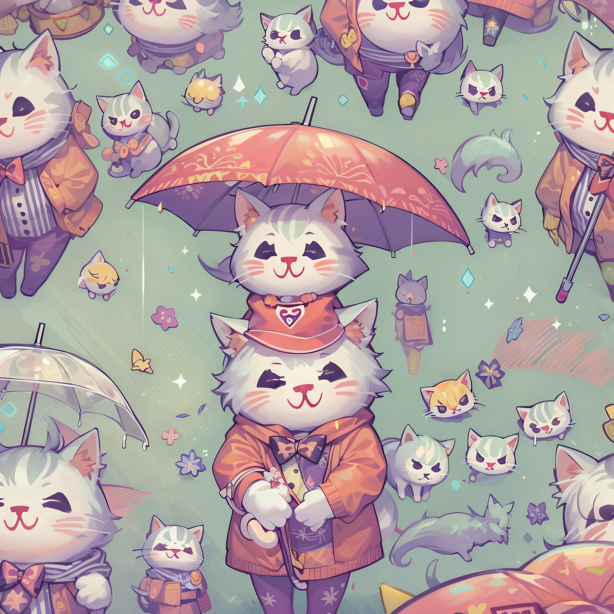 a soft and fluffy kawaii cat(((wear Joker clothing ))),hold umbrellas in the floating city, 32K
