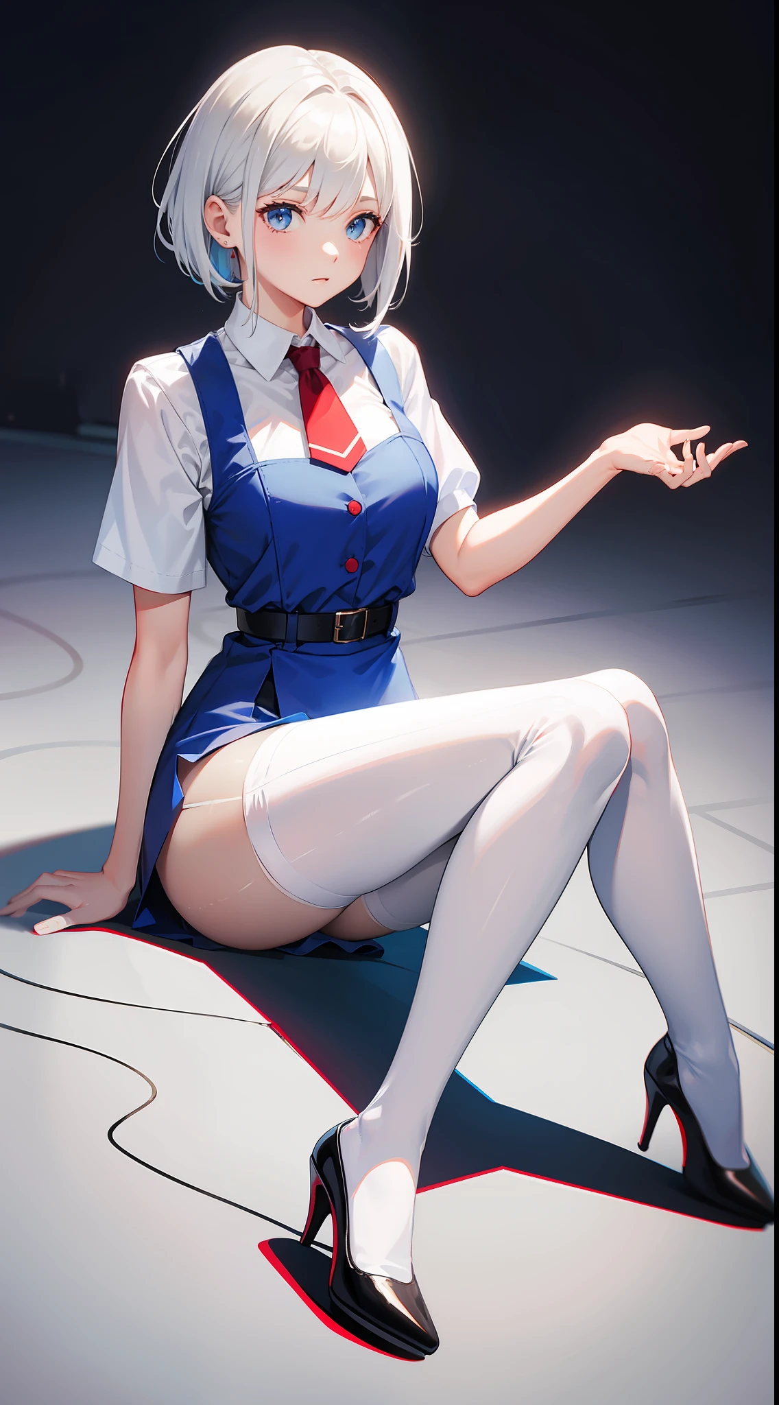 white color hair,blue-shirt,short red dress,grey pantyhose,white Heels