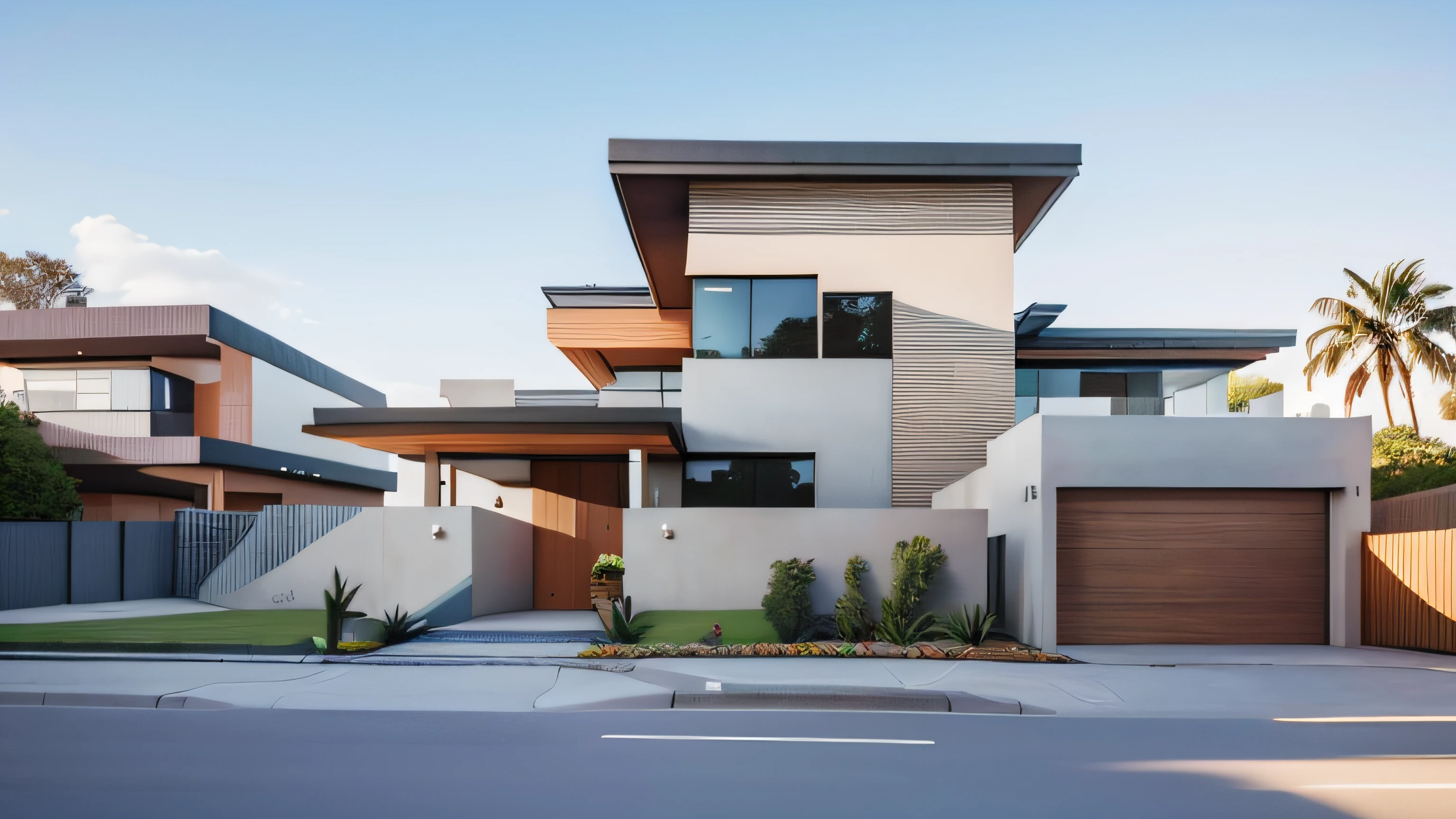 3D style of modern house with garage and garage door, neotraditional modern, Exterior design, up front view, contemporary house, wide establishing shot, inter dimensional villa, one house, custom modern castle, concept house, large modern residence, inspired by Tōshi Yoshida, in style of simplified realism, casa completa, front elevation view, front elevation, Residential houses