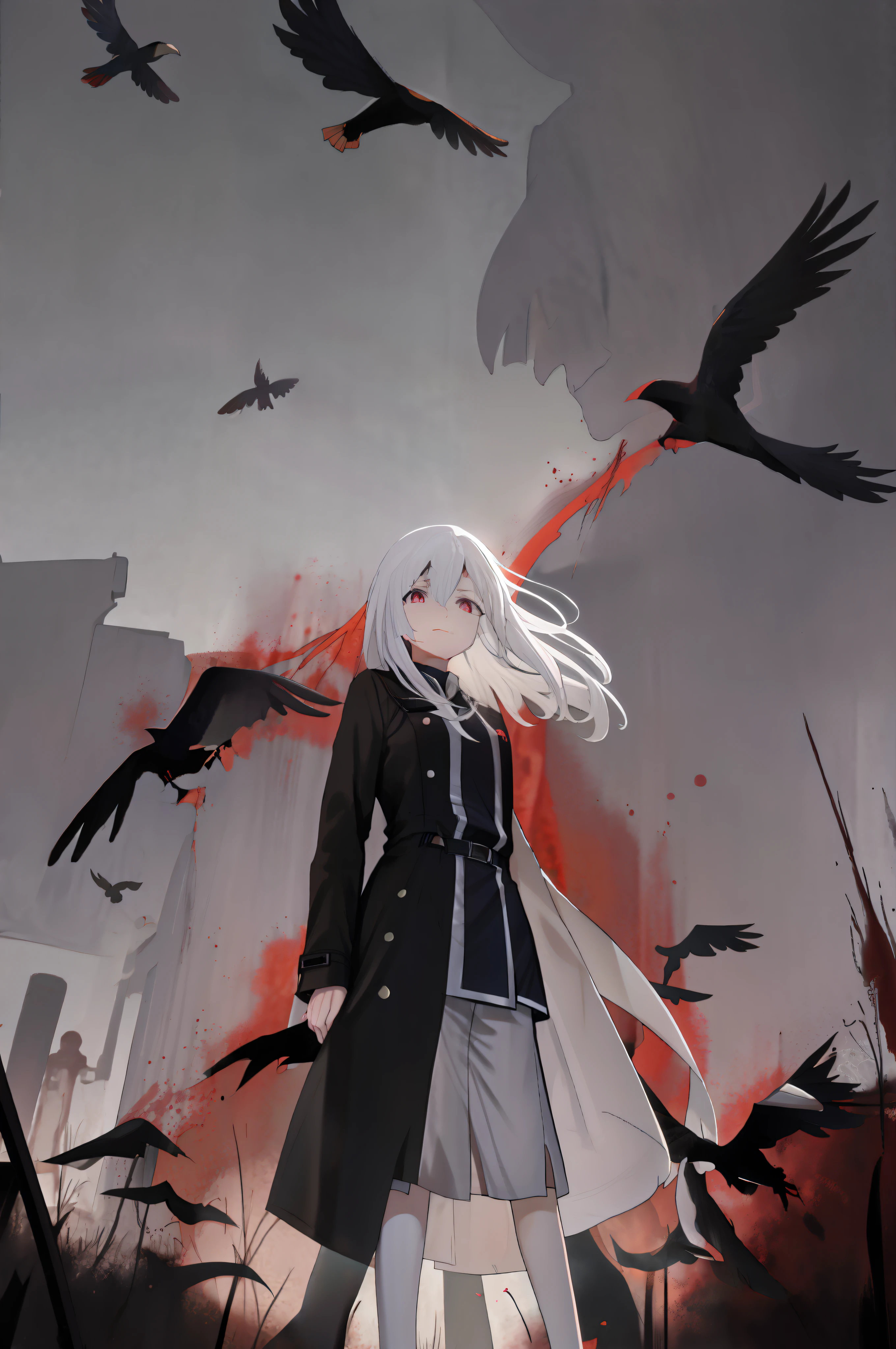 quadratic element，anime big breast，Crimson World，Black trench coat and girl with white hair，Black pressed sky，Dark，Crows flew by，blood all around