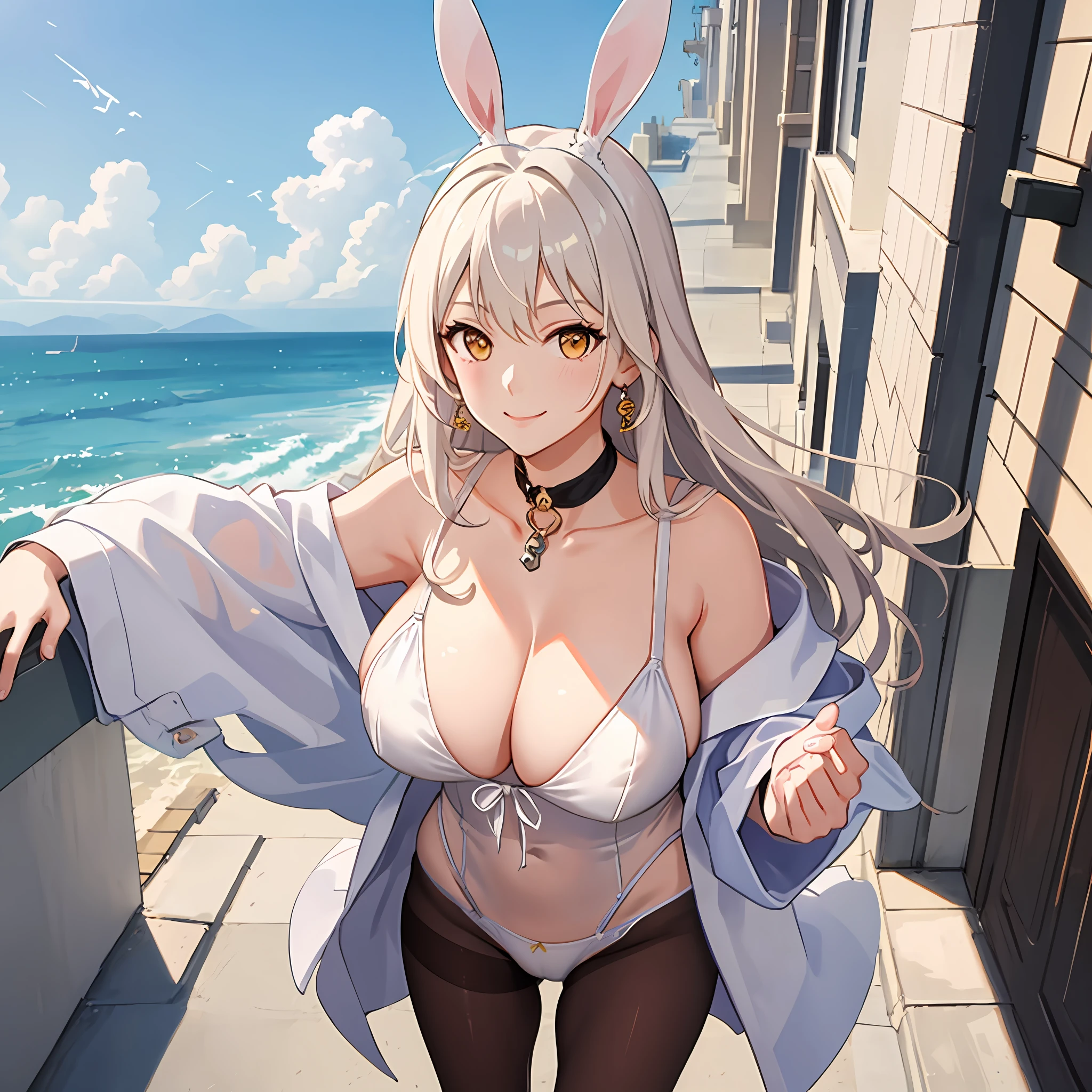 blanc \(nikke\),playboy bunny, rabbit ears, pantyhose, fishnet legwear, white leotard, white long hair, yellow eyes, fishnet, tie,
(huge breasts:1.2, upper body, from above, cameltoe, ) white panties,
jewelry, hands on chest,see-through, looking at viewer, hair ornament, choker, shy, smile,
(masterpiece, top quality, best quality, official art, beautiful and aesthetic:1.2), (1 girl), extreme detailed, colorful, highest detailed,
city,street, leaning, wall, sun, cloud,