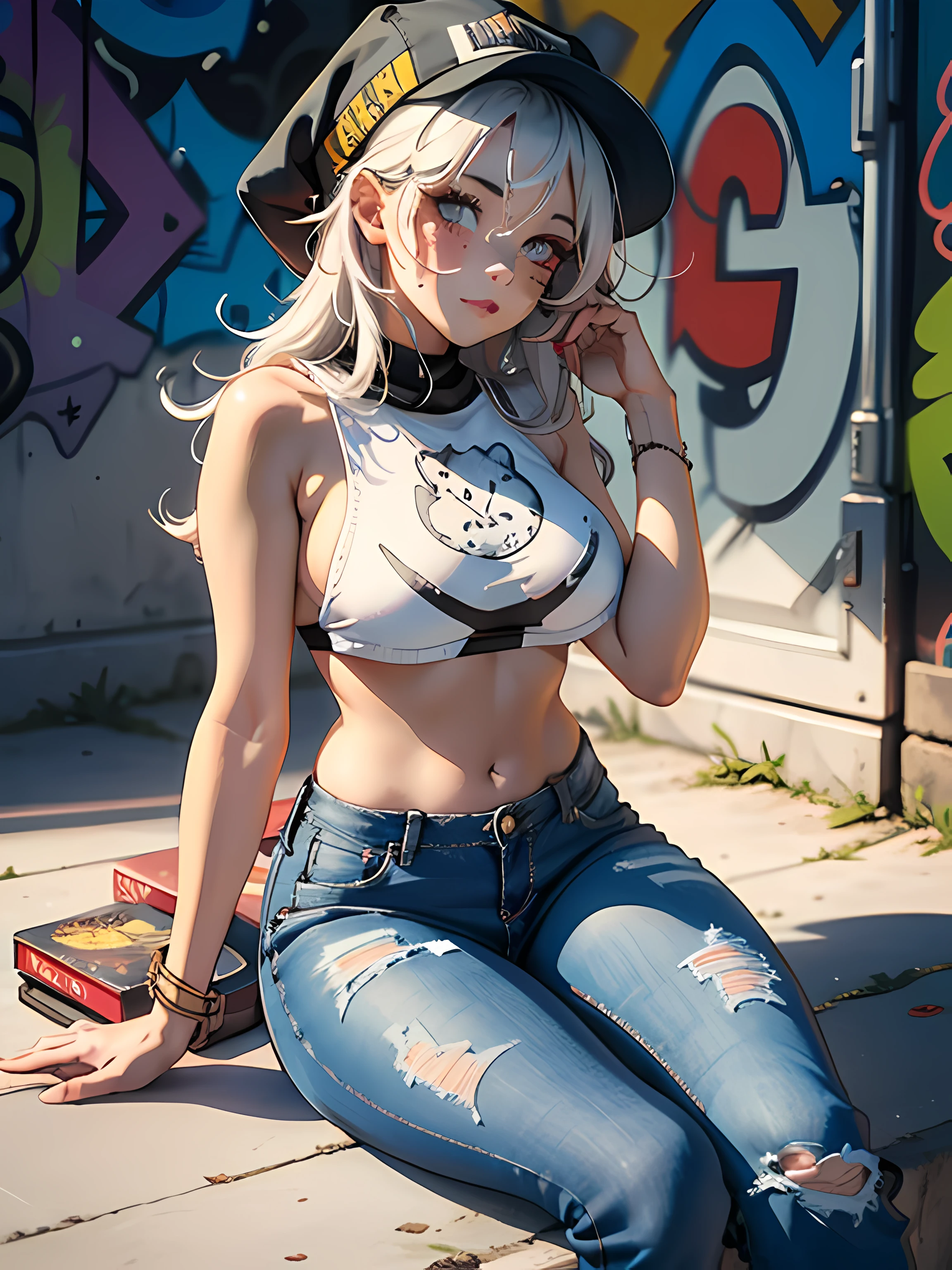 Papel de parede, volumeric lighting, Melhores sombras, Profundidade de campo rasa, garota incrivelmente bonita, Pequeno, Delicado, Belo rosto atraente com olhos laranjas sedutores, Messy painted face, Sobrancelhas afiadas, Sorriso aberto, Boca aberta, Caninos para fora, Lovely medium breasts , Cabelo castanho, curto, Sombra Blush, bushy eyelashes, Applejack Hat, Jaqueta Superdimensionada, Mini Underboob Tee, Umbigo Aberto, Cintura Fina, dark jeans, In The Graffiti Alley, Placa ao fundo com nome, CuriosoSim, Ao Ar Livre Unidade, standingn, (Alta Qualidade, incredible details: 1.25), (Solo: 1.3), Pinturas Coloridas Brilhante (dia ensolarado:1.1),(coxa:1.2),(black skirt:1.1), topless, Posando, (seios pequenos:0.9)