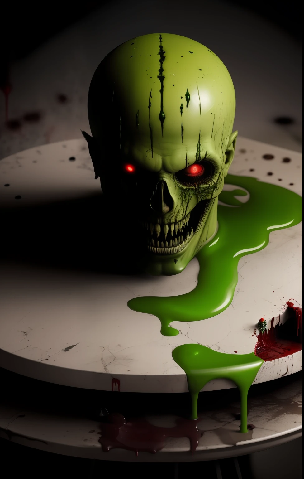 a dangerous looking man green, blood on top of a table with a demon head, in the style of giger in the hole, hyperrealism, realistic photography, dark atmosphere, realistic blood, high quality render, ultra realistic shadows