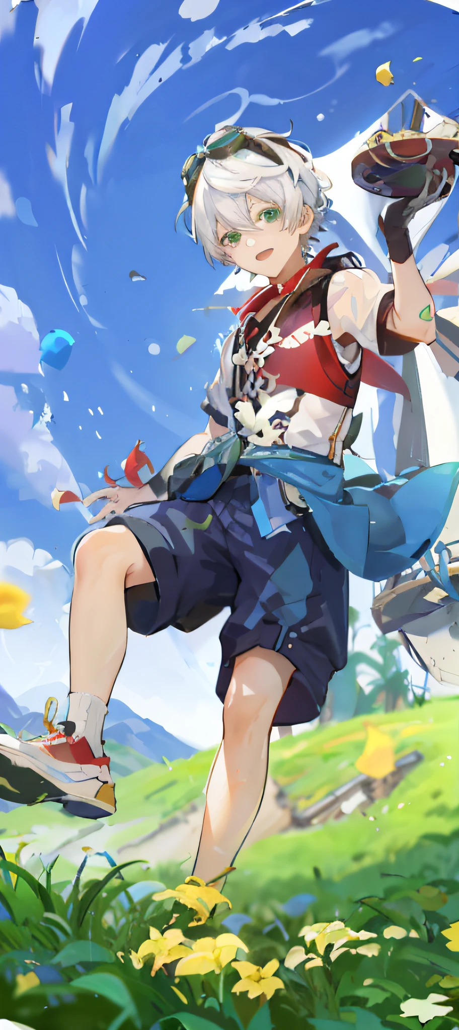 An anime cover, From Genshin, Epic anime style, Anime art style,1boy，blue-sky，baiyun，shoun，shorter pants，White hair，protective goggles，athletic sneakers，grassy fields，Beautiful green eyes