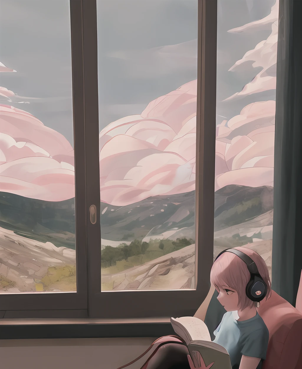 The whole is Morandi color，Short haired girl wearing headphones sitting quietly by the window reading，A gentle breeze blows，The curtains fluttered，Shimmer on the side of the girl's face。There are large pink clouds outside the window，In the distance are white-capped mountains，quadratic element