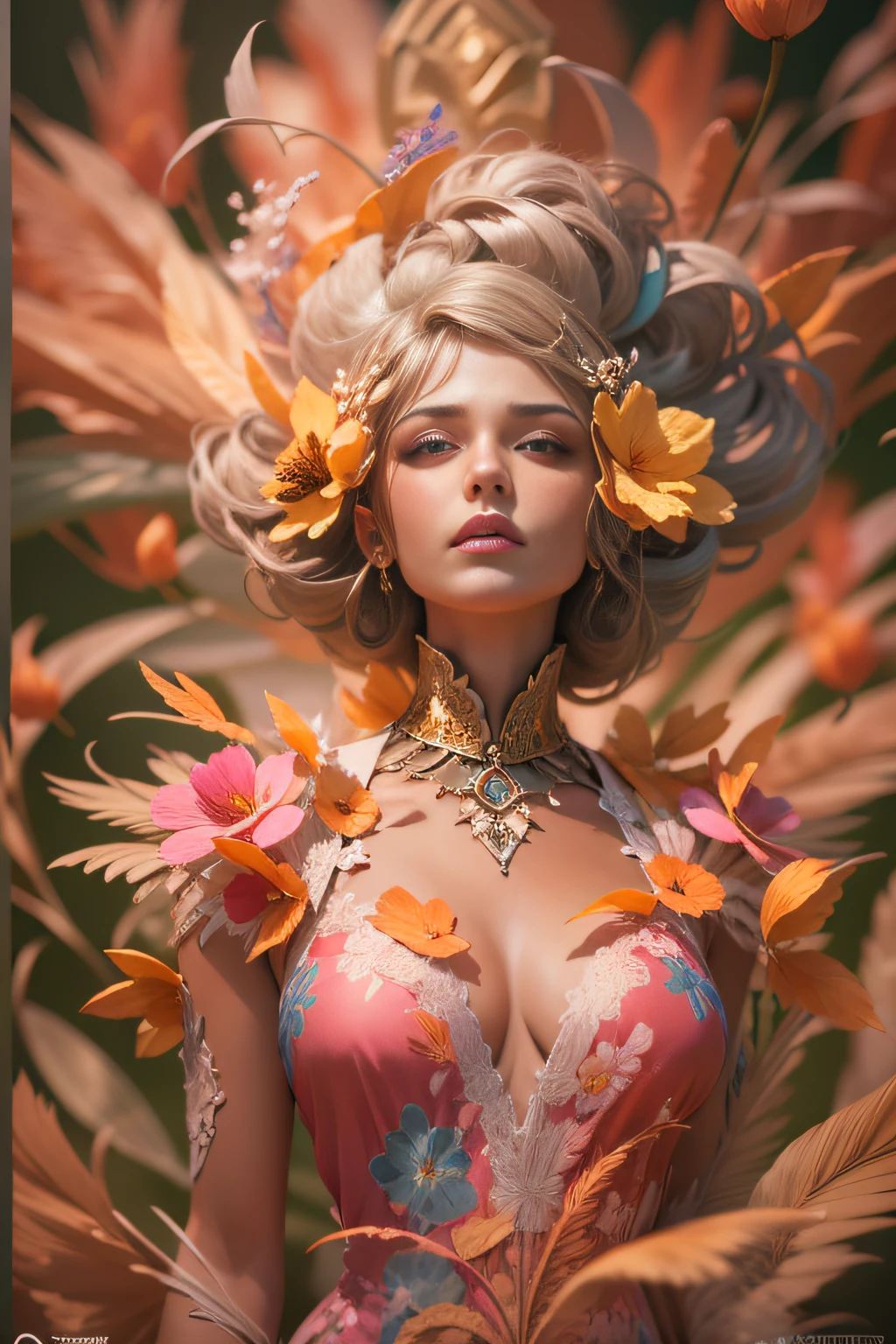 A beautiful woman, Peach feathers, Surrounded by trees, See-through dresses, Hair explodes into colorful flowers, finely detailed features, Complex brushstrokes, Beautiful lighting, Cinematic, Color grading, Depth of field, Intricate details, illusory engine, concept art of character, Creative, Expressive, Stylized anatomy, Digital art, 3D rendering of, Unique, Award-winning, Adobe Photoshop, Maximum 3D studio, Perfect concept, Distinctive personality, Consistent style, hardware*