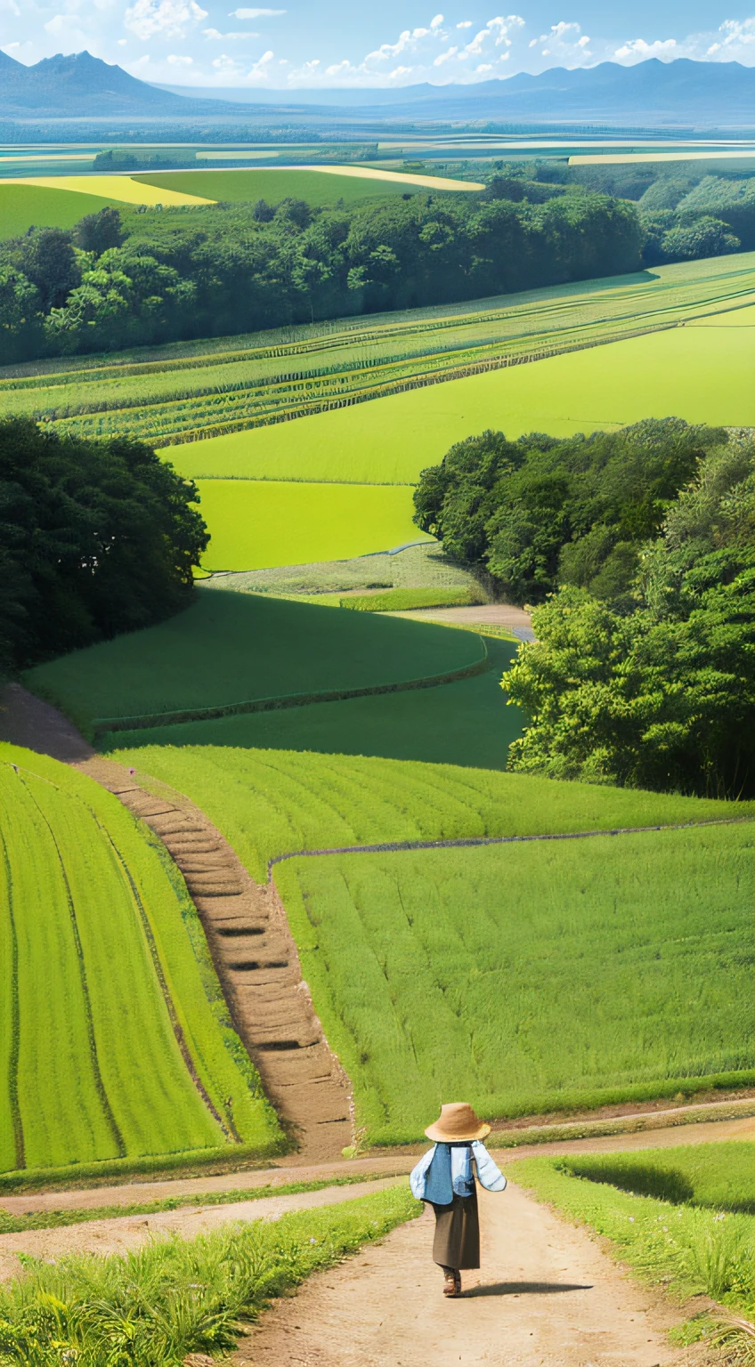 An old farmer carrying a flat burden, walking on the winding path of the countryside, big clouds, blue sky, rice fields, neat rice seedlings in the field, forest, hillside, secluded, countryside, HD detail, hyper-detail, cinematic, surrealism, soft light, deep field focus bokeh, ray tracing and surrealism. --v6