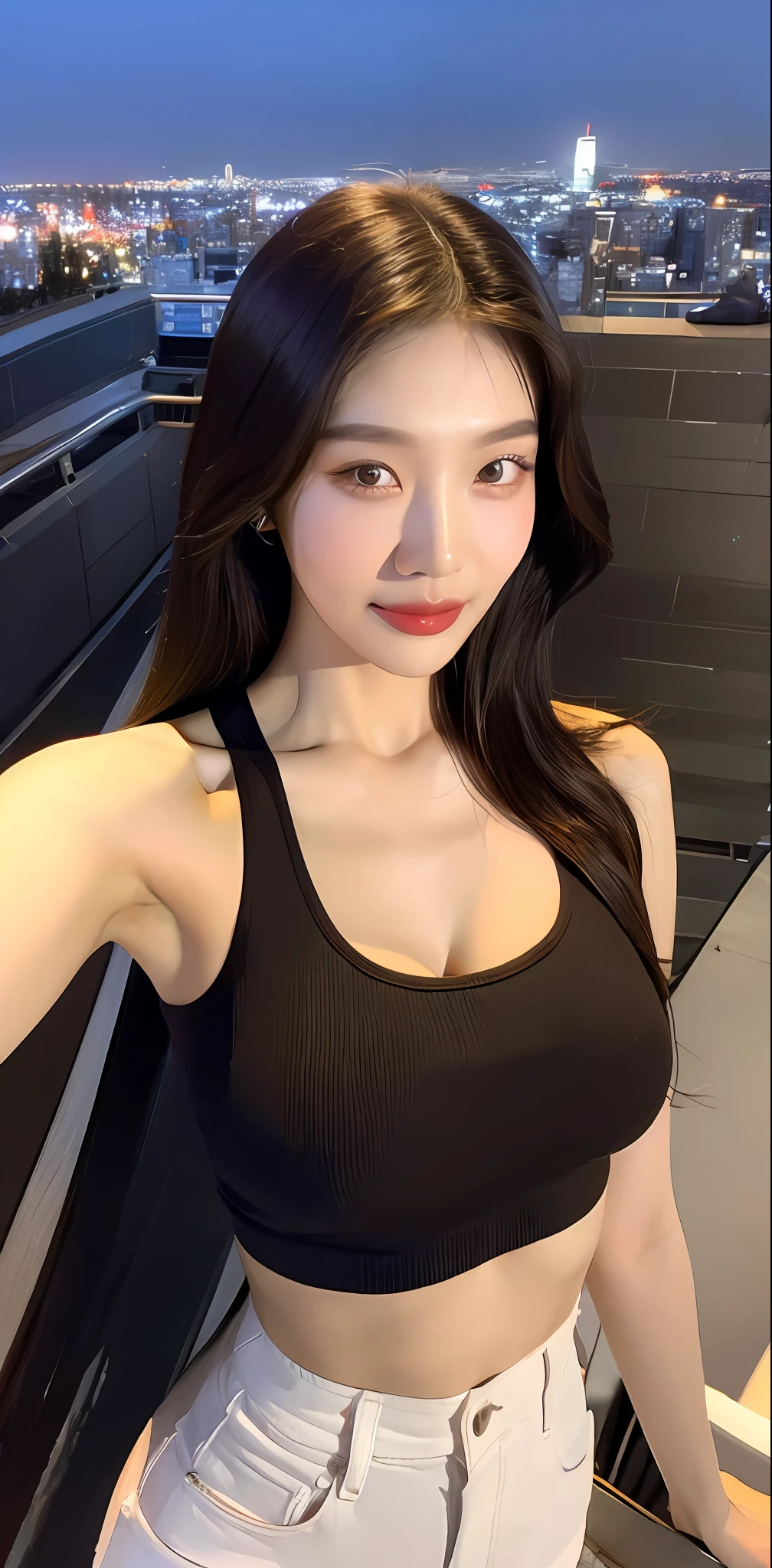 ((Midnight, Best quality, 8k, Masterpiece :1.3)), Whole body, Long legs, Sharp focus :1.2, A pretty woman with perfect figure :1.4, Slender abs :1.1, ((Dark brown hair, Big breasts :1.2)), (White tight tshirt, crop top, Jean shorts, Standing:1.2), ((Night city view, Rooftop:1.3)), Highly detailed face and skin texture, Detailed eyes, Double eyelid, slightly smile, close up