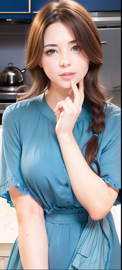 1girl, blue dress, brown hair, brown eyes, milf, 8k resolution, full body, in kitchen.