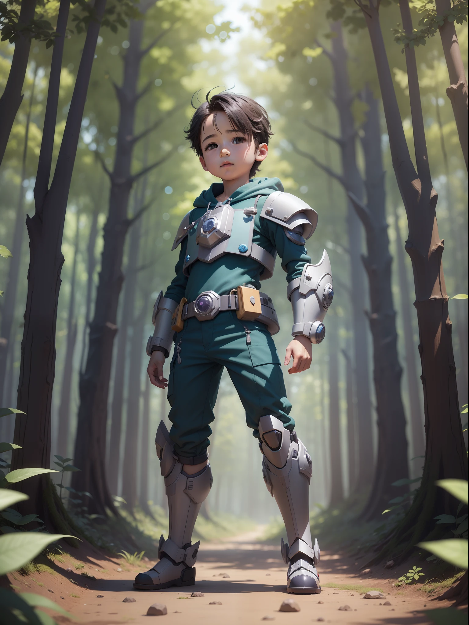 Cute baby   boy Primer plano medio. Standing in A Fantasy Forest. Estilo mecha. Estilo disney. Renderizado 3D