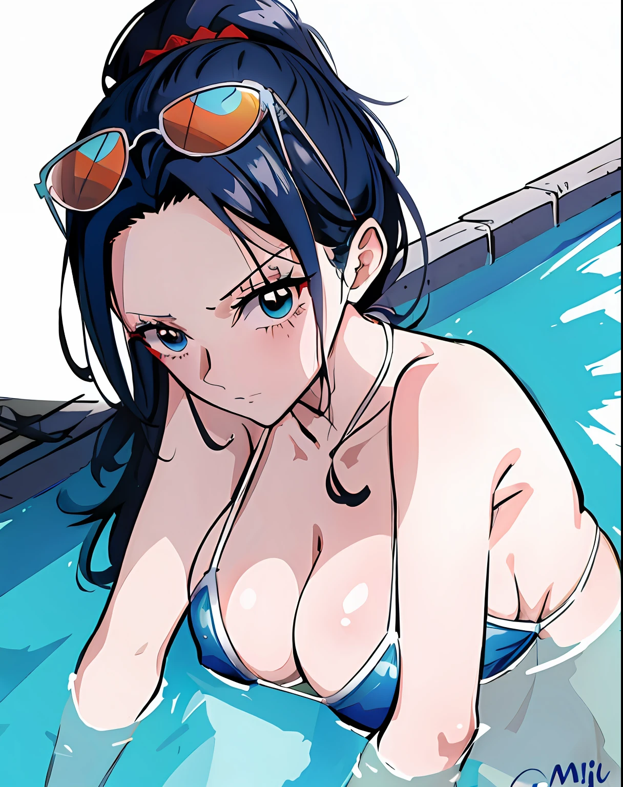 Highest Quality, masutepiece, ultra-definition, 8K, Extremely detailed, The artwork is the highest quality Japan anime style Create a 4DCG masterpiece One Piece female character Nico Robin、Two ponytail hair, lomg,Adult woman with dark hair、Good Style、Blue eyes、Wearing a white bikini、Outdoor pool、Wearing sunglasses on your head、Nipples are see-through、Shy