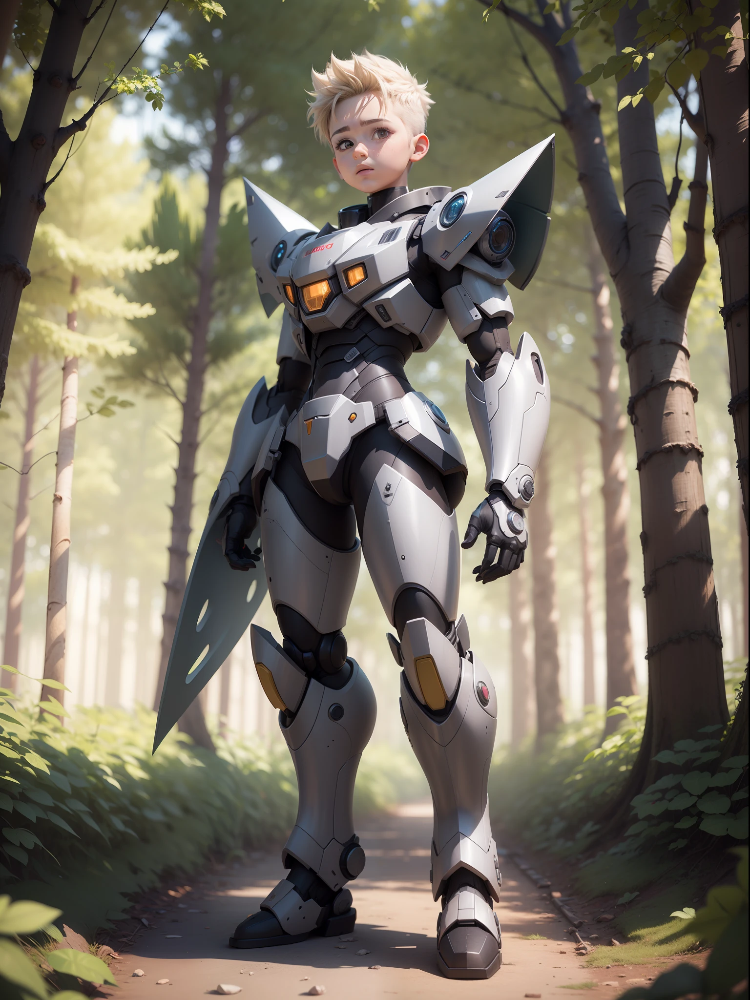 Cute baby boy Primer plano medio. Standing in A Fantasy Forest. Estilo mecha. Estilo disney. Renderizado 3D