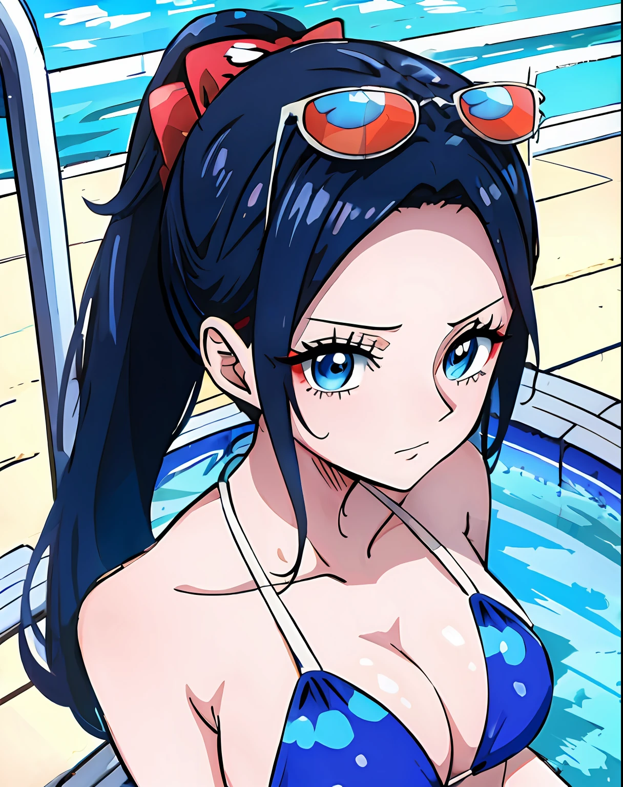 Highest Quality, masutepiece, ultra-definition, 8K, Extremely detailed, The artwork is the highest quality Japan anime style Create a 4DCG masterpiece One Piece female character Nico Robin、Two ponytail hair, lomg,Adult woman with dark hair、Good Style、Blue eyes、Wearing a white bikini、Outdoor pool、Wearing sunglasses on your head、Nipples are see-through、Shy