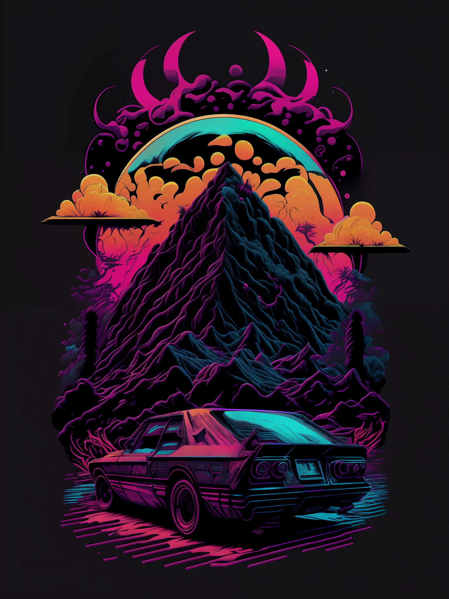 psychadelic, vector image, t-shirt design, isolated, black background, ancient 3D illustration