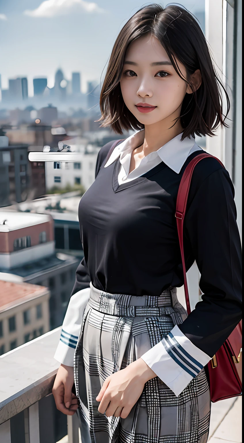 tmasterpiece、top-quality、真实感,Three-dimensional feeling,physically-based renderingt,A high resolution,A female high school student,Medium height,with a good figure,Short black shoulder-length hair、Manteau,Chinese school uniform,Long slacks,Carrying a school bag,Polo shirt,longer sleeves、Not exposed,ssmile,Toothy,slightly red face,on the rooftop,Behind the bustling cityscape,blue-sky,dynamicposes,Well laid out,with whole body visible,Front Shooting,SLR shooting