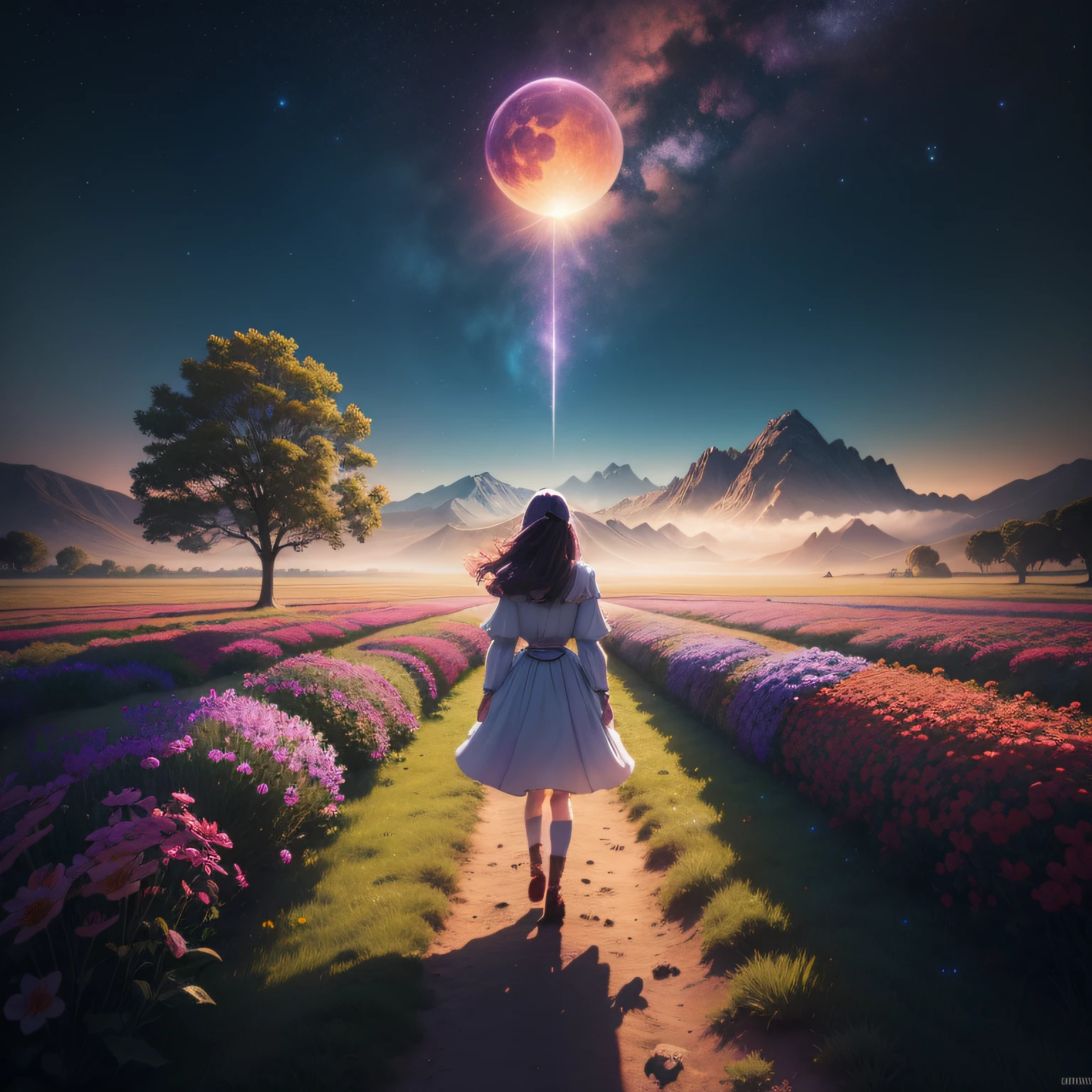 Realistic expansive landscape photography (una vista inferior que muestra el cielo arriba y el campo abierto abajo), a girl standing on a flower field looking up (luna llena: 1.2), (estrellas fugaces: 0.9), (nebulosa: 1.3), distant mountain, BREAK tree production art, (warm light source: 1.2), (Firefly: 1.2), lamplight, Lots of purple and orange, detalles intrincados, volumetric illumination, realismo BREAK (obra maestra: 1.2), (mejor calidad), 4k, ultra-detallado, (dynamic composition: 1.4), muy detallado, detalles coloridos, (colores iridiscentes: 1.2), (bright illumination, Atmospheric Illumination), Dream, magica, (solo: 1.2)