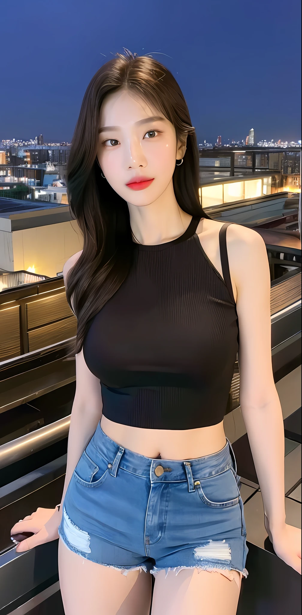 ((Midnight, Best quality, 8k, Masterpiece :1.3)), Whole body, Long legs, Sharp focus :1.2, A pretty woman with perfect figure :1.4, Slender abs :1.1, ((Dark brown hair, Big breasts :1.2)), (sleeveless shirt, Jean shorts, Standing:1.2), ((Night city view, Rooftop:1.3)), Highly detailed face and skin texture, Detailed eyes, Double eyelid, slightly smile, close up