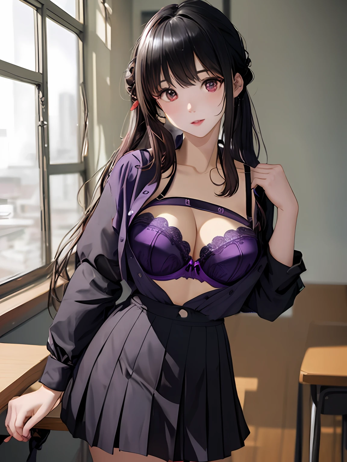 Open the front of the shirt、Purple bra、The bra is visible、nsfw