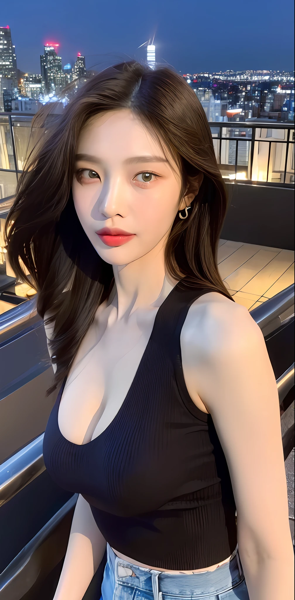 ((Midnight, Best quality, 8k, Masterpiece :1.3)), Whole body, Long legs, Sharp focus :1.2, A pretty woman with perfect figure :1.4, Slender abs :1.1, ((Dark brown hair, Big breasts :1.2)), (sleeveless shirt, Jean shorts, Standing:1.2), ((Night city view, Rooftop:1.3)), Highly detailed face and skin texture, Detailed eyes, Double eyelid, slightly smile, close up