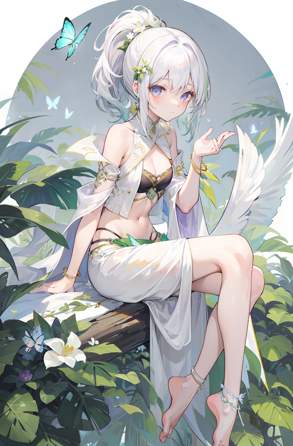 Exotic，bandagens，shorter pants，forest backgrou，Barefoot，Anklets，White color hair，High ponytail，Surrounded by falling flowers and butterflies，ssmile，Lilac eyes，Dark green cape，Dark green bandeau，Bandages on the legs