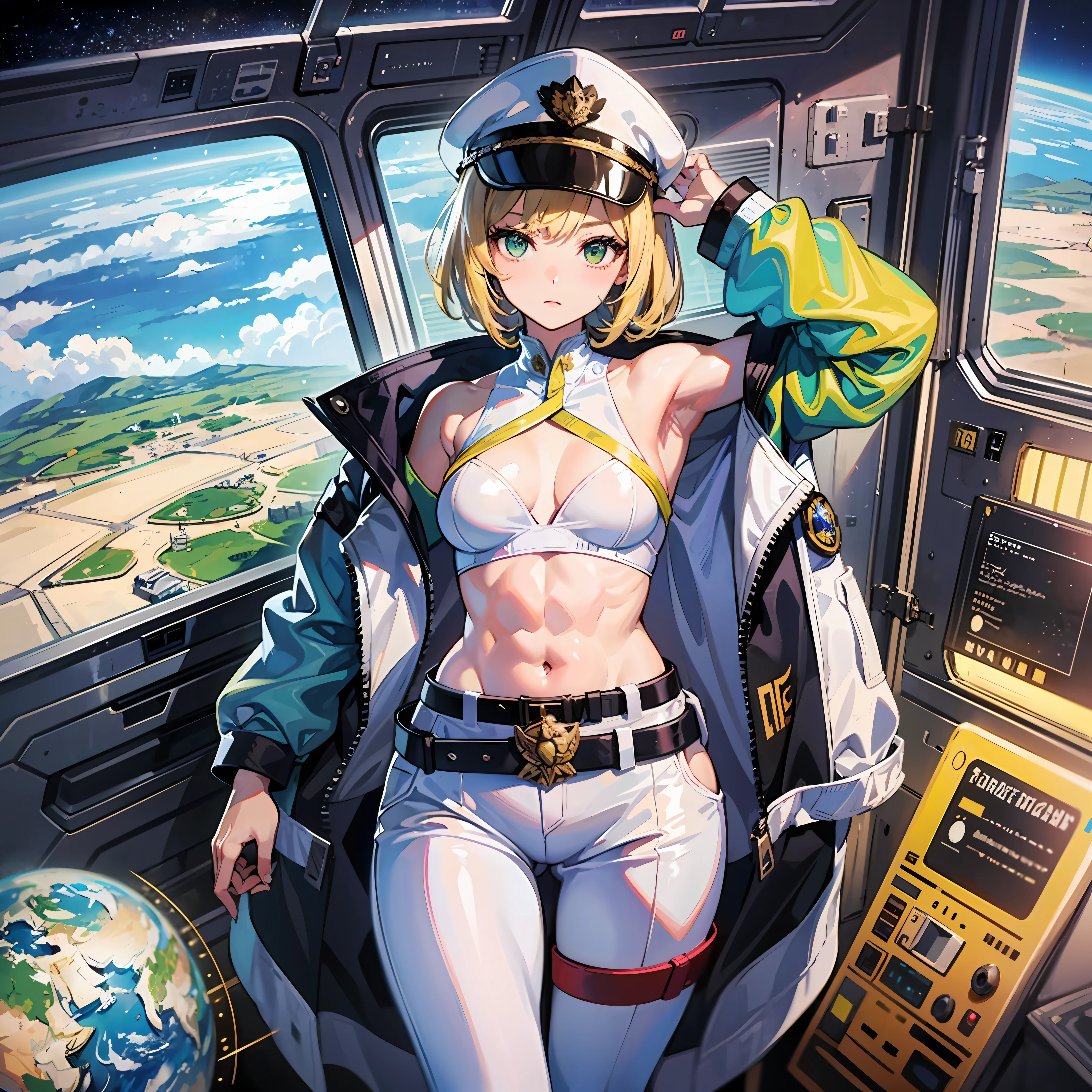 ((masterpiece))、((Top image quality))、((Top image quality))、(Illustration of one girl)、full body Esbian、25-years old、(neuter)、a blond、((short-haired))、((Short neckline))、Green eyes、((Straight))、small tits、(((Armpit)))、((Long body))、((Muscular and strong body))、((Military uniforms))、((Military Cap))、((Military coat))、(white clothes)、(White pants)、(White cap)、trench coat、((Inside the spaceship))、(Outside the window、kosmos、Earth seen from space、Spaceport)