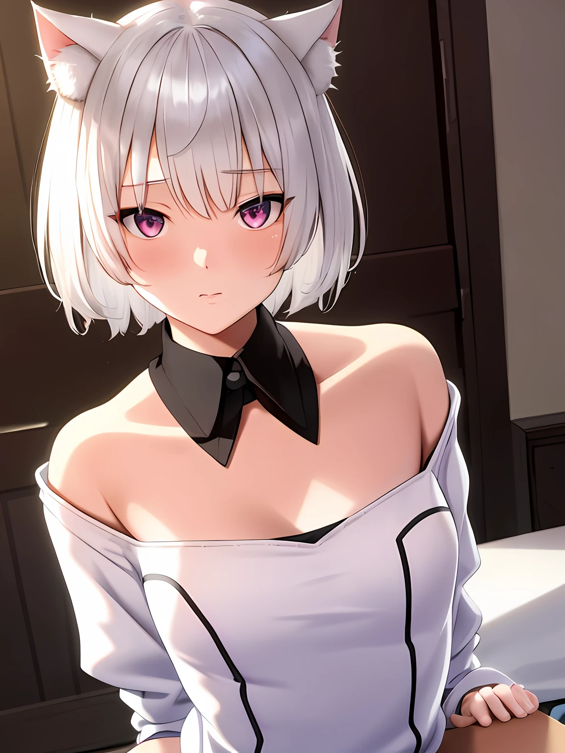 photore,best qualtiy,tmasterpiece,Kizi,White hair,short detailed hair,cat ear,tilts your head,is shy,adolable,Flush,Loose clothes,Manteau blanc,Natural stay,Lori huge breasts cleavage,astonishment,exquisite face,multiple persons,having fun,Cat tail,Crush on me,I have a crush on her,My tablemate,Short stature,Small chest,in her room,duck sitting
