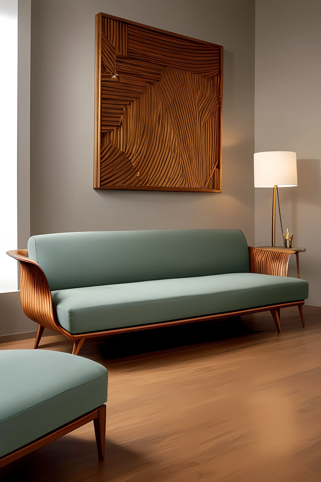 Prepare-se para se maravilhar com uma verdadeira obra-prima de imagem fotorealista. Nesta cena, A contemporary sofa with parametric wooden design will delight your eyes and your imagination. The sofa is a symphony of waves and fluid curves, that make it a unique piece of art and design. Every detail is reproduced with an ultra-realistic quality, from wood textures to intricate parametric patterns. The precision of the woodwork is so real that you can almost feel the touch of the soft curves under your fingers. The expertly designed lighting enhances the beauty of this contemporary sofa and its combination with wood provides a sense of luxury and sophistication. Prepare-se para ser transportado para um mundo de beleza e design, where this sofa is the center of attention, A true masterpiece that redefines the art of contemporary furniture.