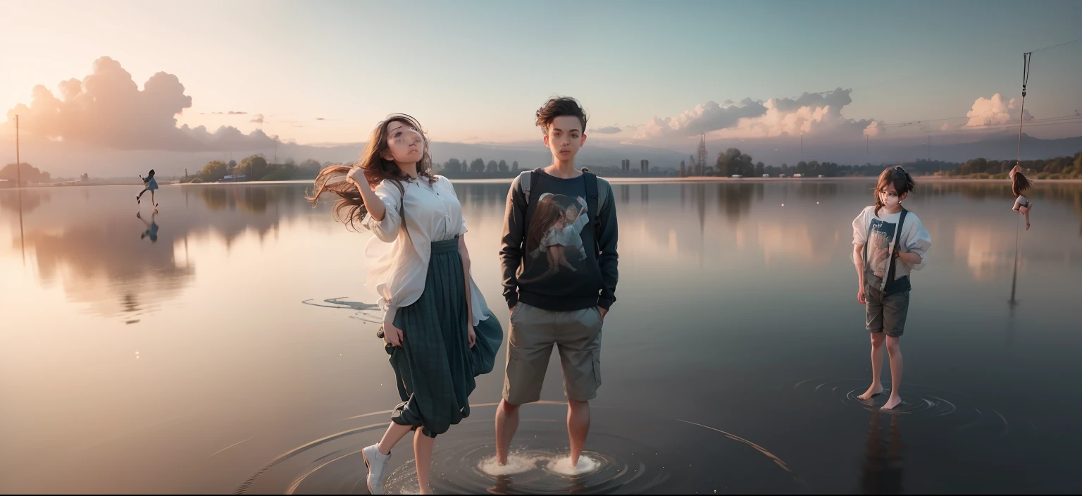 a girl swing her hair , girl and boy standing on water, ultra realistic