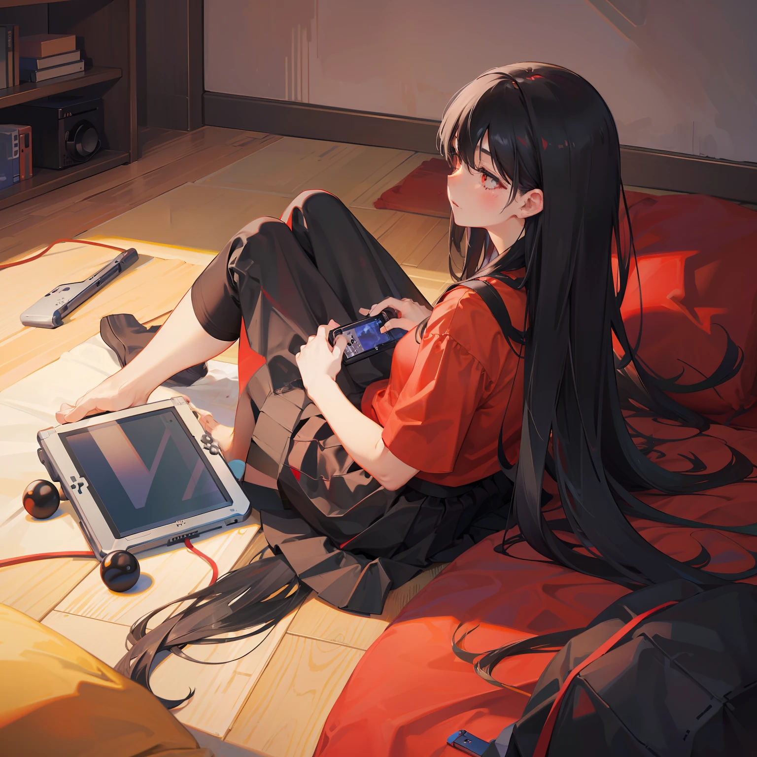 masterpiece、hightquality、vivd colour、(((Long Black Hair)))、(((Red Shirt)))、(((a black skirt)))、(((Play Game Boy))