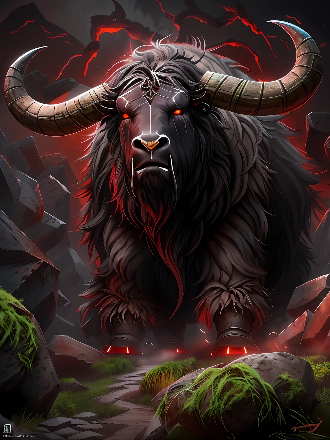 ((A huge yak)), greek myth, Monster, musculature, The sky and the earth are dark，salama，（Stomping on all fours）(The stone walls are covered with moss), Madness, ,Blood red eyes，
insanely details, Intricate details, ultra - detailed,
((Comic book style)), mistic, elegant, ((Domineering look)), dangers, (Fear and terror), Mordor, Creepy, Darkest horror background,
(Skin texture), intricately details, Fine details, ultra - detailed, Ray traching, Subsurface scattering, diffused soft lighting, Shallow depth of field, By (Oliver Wetter)
trending on artstationh, trending on CGSociety, Intricate, High detail, Sharp focus, Dramatic, photorealistic painting art by midjourney and greg rutkowski, Bokeh on the background，(Wide angle 1：3),
