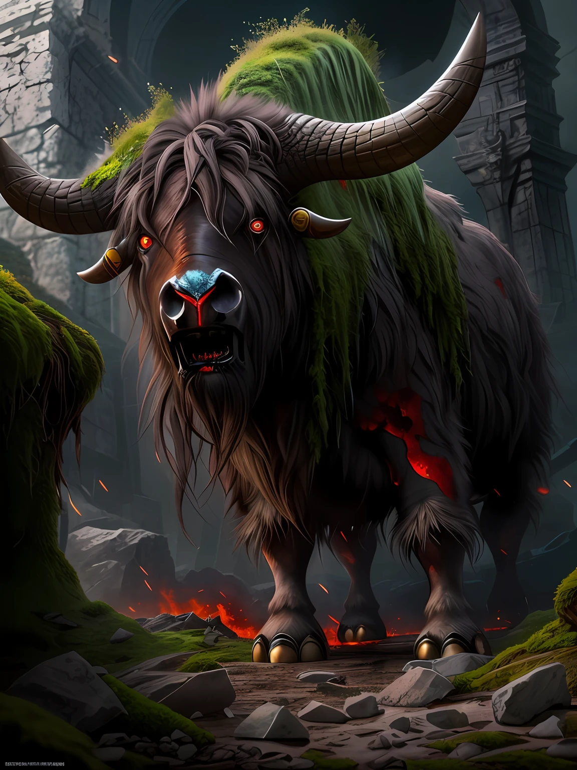 ((A huge yak)), greek myth, Monster, musculature, The sky and the earth are dark,salama,(Stomping on all fours)(The stone walls are covered with moss), Madness, ,Blood red eyes,
insanely details, Intricate details, ultra - detailed,
((Comic book style)), mistic, elegant, ((Domineering look)), dangers, (Fear and terror), Mordor, Creepy, Darkest horror background,
(Skin texture), intricately details, Fine details, ultra - detailed, Ray traching, Subsurface scattering, diffused soft lighting, Shallow depth of field, By (Oliver Wetter)
trending on artstationh, trending on CGSociety, Intricate, High detail, Sharp focus, Dramatic, photorealistic painting art by midjourney and greg rutkowski, Bokeh on the background,(Wide angle 1:3),