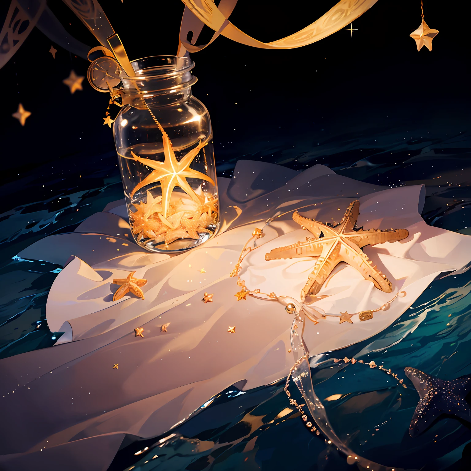 Star Sands、starfish、sand beach、shining water surface、night sky full of stars、Message Bottle, model ship