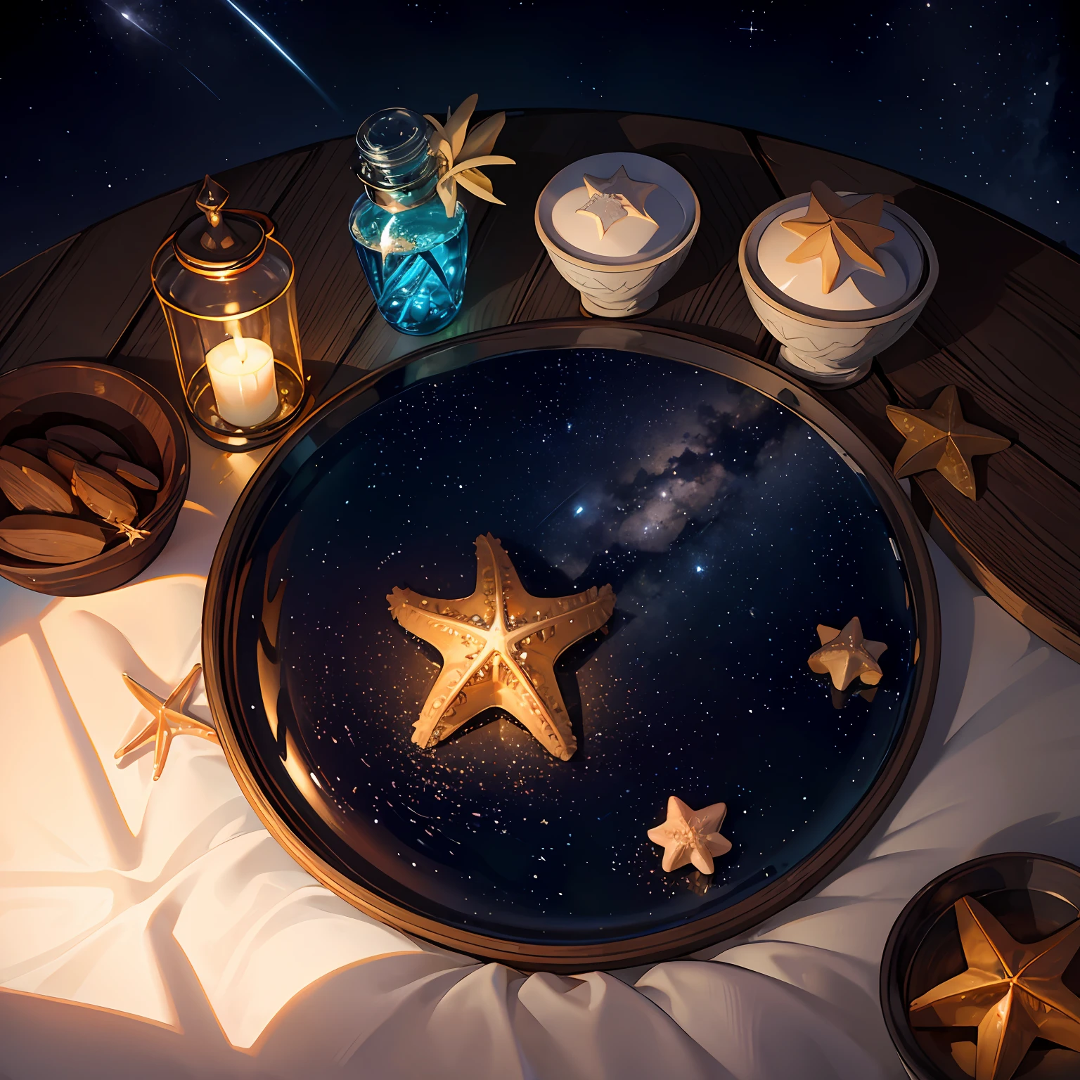 Star Sands、starfish、sand beach、shining water surface、night sky full of stars、Message Bottle, model ship