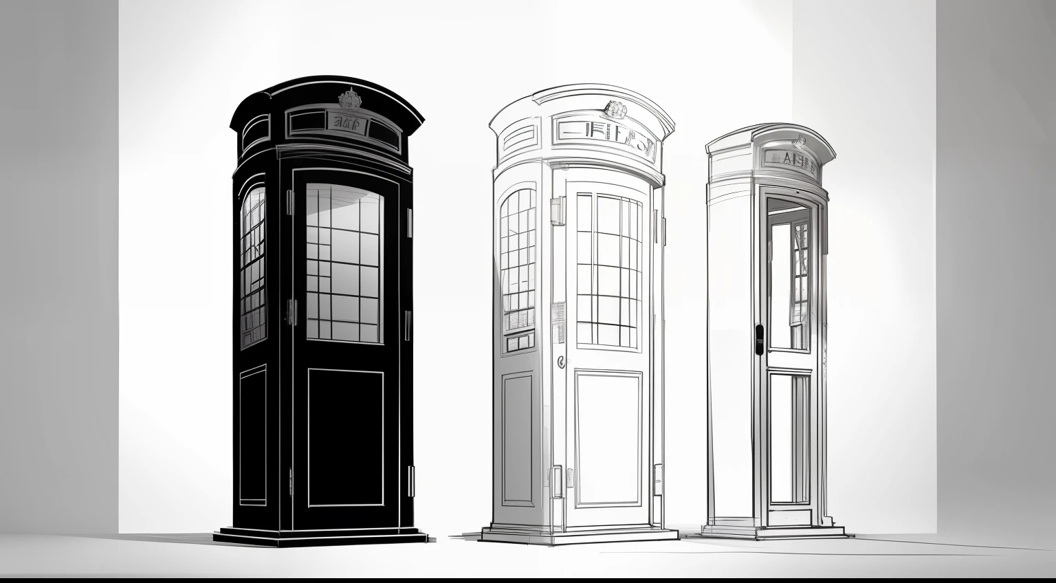 Phone booth graphic design 3 view line drawing design sketch Art Deco plain white background