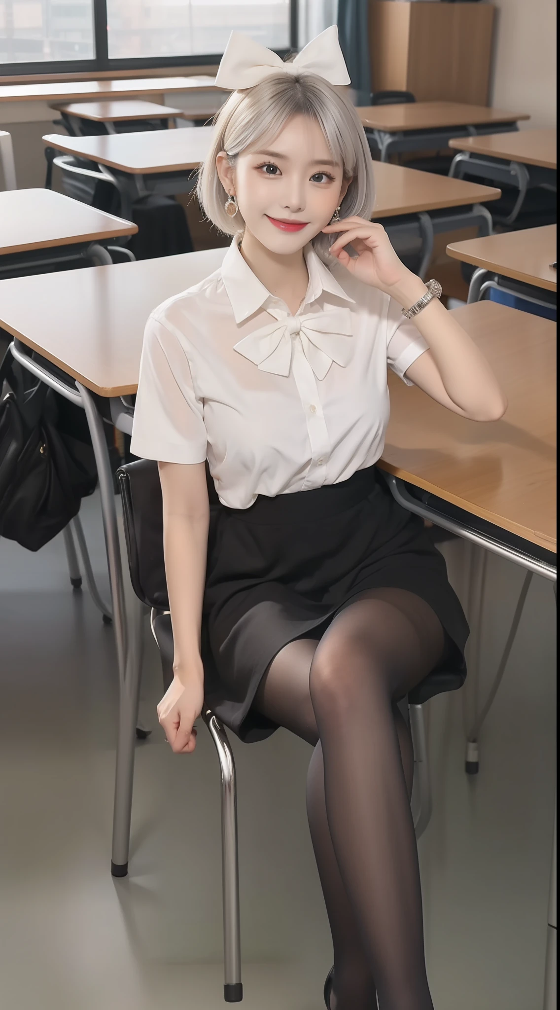 (true to life,Photorealistic 1.5),((best qualtiy, 8K, tmasterpiece:1.3)),SLR camera (二重まぶた,largeeyes:1.3),(smile1.5),(Full body photo 1.5)(One person 1.5)Clear focus 1.2, Perfect body beauty:1.4 , Delicate skin1.1,(Short silver-white hair1.5),(Delicate facial features1.4),(Pure desire 1.3)(Black pantyhose 1.5)(The leg length is one meter two,1.5),Hair is slightly curled,White shirt,Bow knot,pleatedskirt,Slender legs,high-heels,With earrings,Wristband jade bracelet,rimless eyewears,Sit in a classroom swivel chair