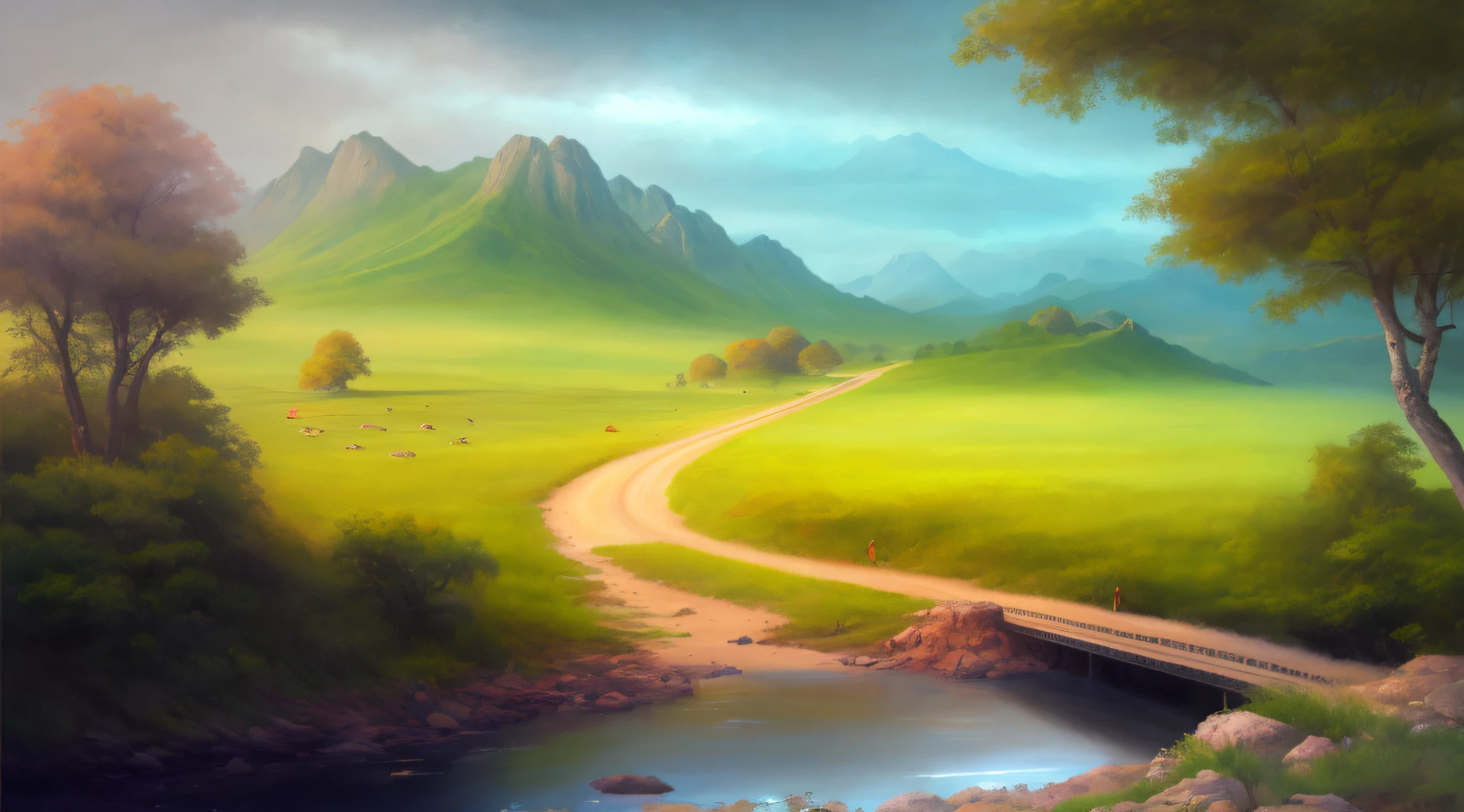 pintura de uma estrada que atravessa um vale verde com uma montanha ao fundo, pintura digital bonita, Pintura digital fosca 4K HD, lindo pintura digital, paisagem de arte de fantasia, Pintura digital de fantasia, estrada entre colinas, Pintura digital 4K, Pintura digital 4k, pintura digital fosca, 8k resolution digital painting, 8k resolution digital painting, pintura digital impressionante