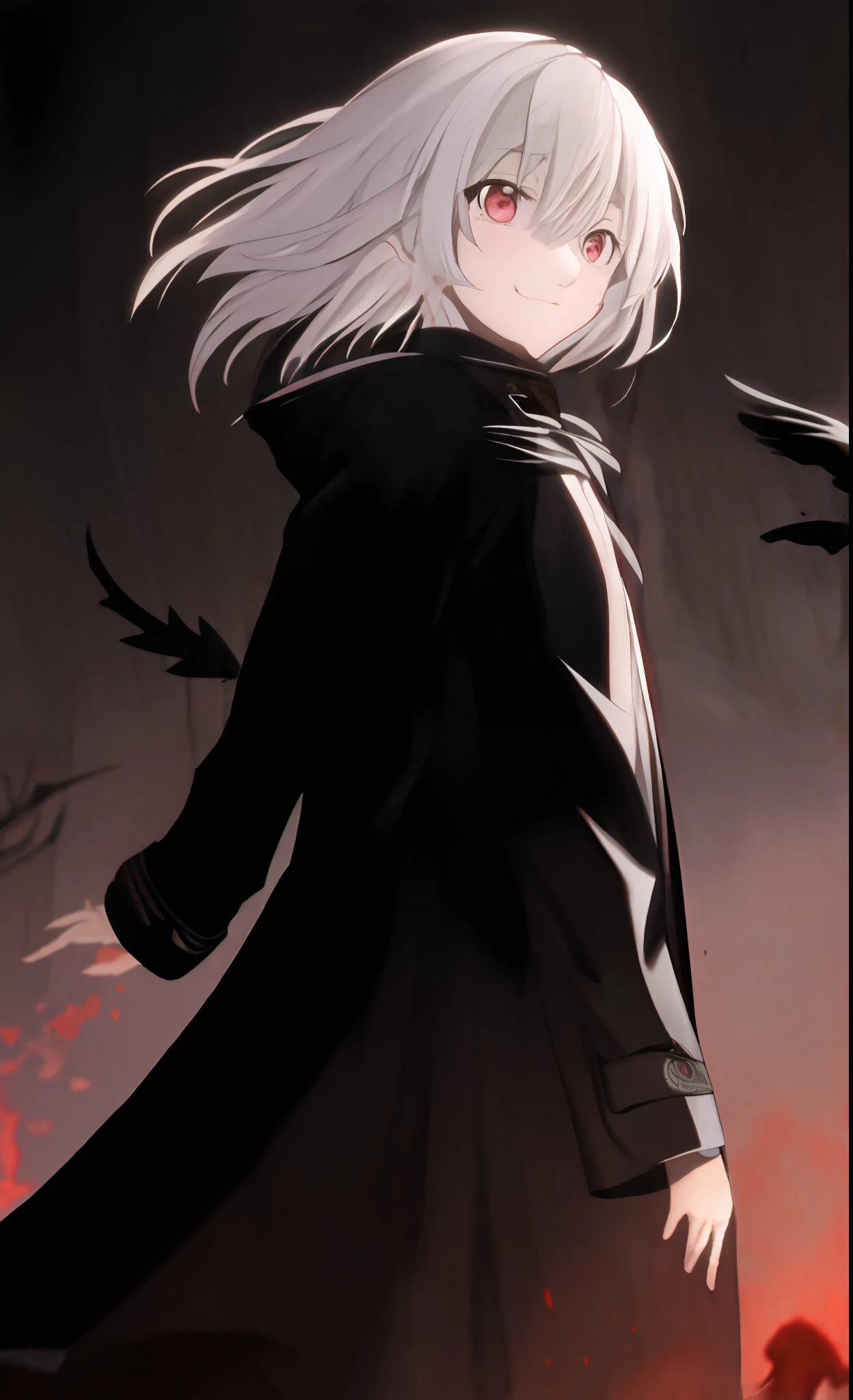 quadratic element,anime big breast,Crimson World,Black trench coat and white-haired girl,Black-pressed sky,Dark,Crows flew by,Blood all over the place