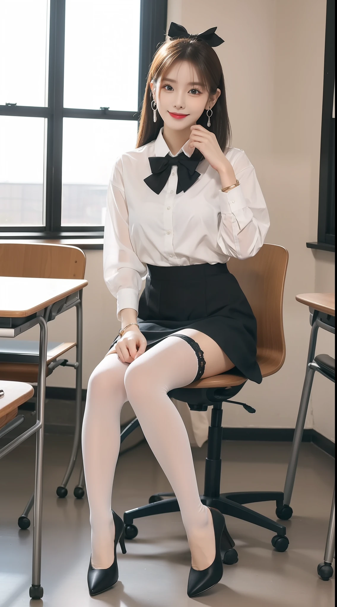 (true to life,Photorealistic 1.5),((best qualtiy, 8K, tmasterpiece:1.3)),SLR camera (二重まぶた,largeeyes:1.3),(smile1.5),(Full body photo 1.5)(One person 1.5)Clear focus 1.2, Perfect body beauty:1.4 , Delicate skin1.1,(Short silver-white hair1.5),(Delicate facial features1.4),(Pure desire 1.3)(Black pantyhose 1.5)(The leg length is one meter two,1.5),Hair is slightly curled,White shirt,Bow knot,pleatedskirt,Slender legs,high-heels,With earrings,Wristband jade bracelet,rimless eyewears,Sit in a classroom swivel chair