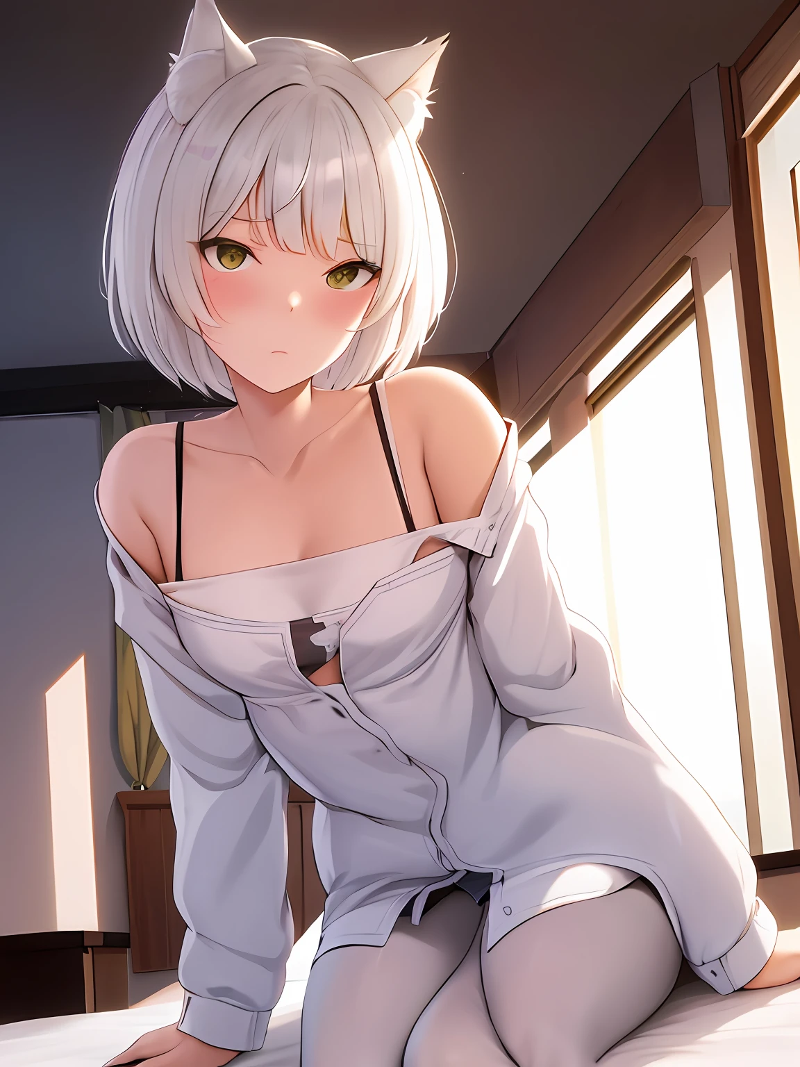 photore，best qualtiy，tmasterpiece，Kizi，White hair，short detailed hair，cat ear，tilts your head，is shy，adolable，Flush，Loose clothes，Manteau blanc，Natural stay，Lori  cleavage，astonishment，exquisite face，multiple persons，having fun，Cat tail，Crush on me，I have a crush on her，My tablemate，Short stature，Small chest，in her room，duck sitting，His face was flushed