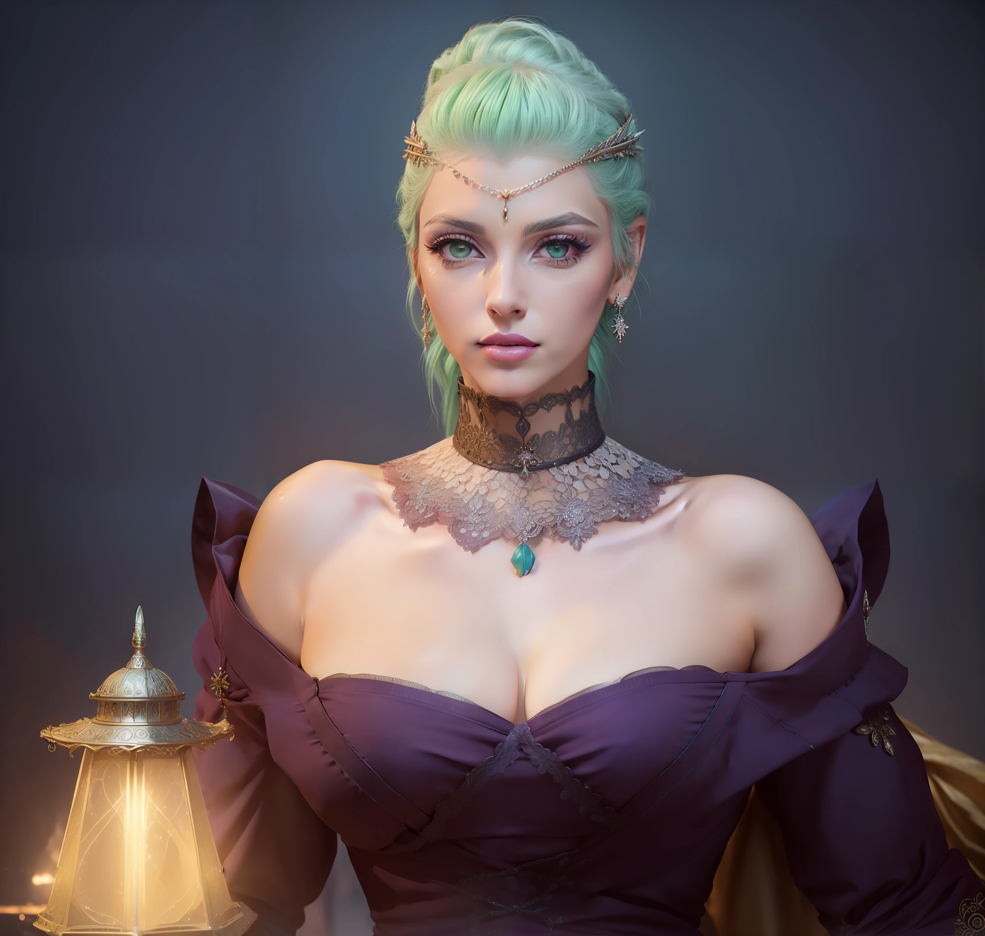 There is a woman with light green hair, (((pink lipstick on lips))) (((look-at-camera)), e um vestido preto segurando uma lanterna, sedutora mulher mesmer, (((peitos grandes))), render divino, unreal engine render + uma deusa, Retrato de uma feiticeira, dressed like a cleric, cabelos ornamentados, pretty female cleric, cinematic goddess close shot, retrato, Retrato de um mago feminino, 8k octae renderizar foto