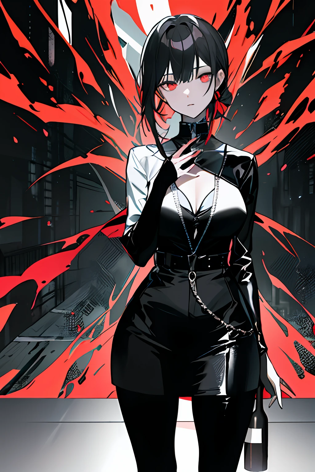 poster for,large scene,Face away from the camera,Young woman,Stand in the center,The side face is exposed,Holding a wine bottle in his hand,dressed stylishly,avant-garde。The background is dark and gritty,The feeling is intense,The color palette is dominated by dark colors,Embellished with color,It is dynamic and visually striking,filmposter,Inviting,lewd poses,dyna,element in,Attachment,Fashionab,alcohol。