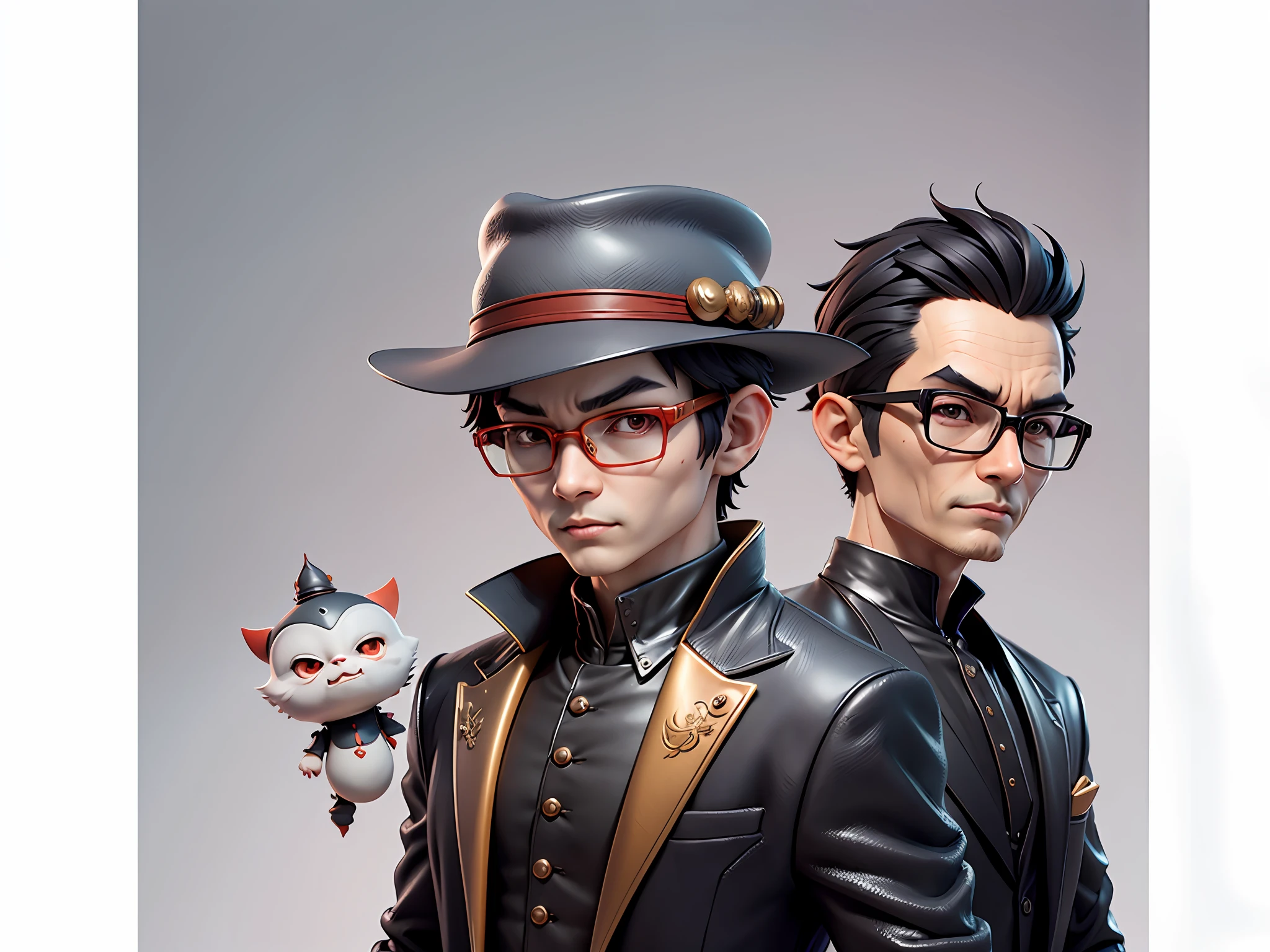 Young man with oriental face in leather hat, dragon, formal suit, short black hair, silver glasses, digital painting, 3D character design by Mark Clairedon and Pixar and Hayao Miyazaki and Akira Toriyama, the illustration is a high-definition illustration in 4K resolution with very detailed facial features and cartoon-style visuals.