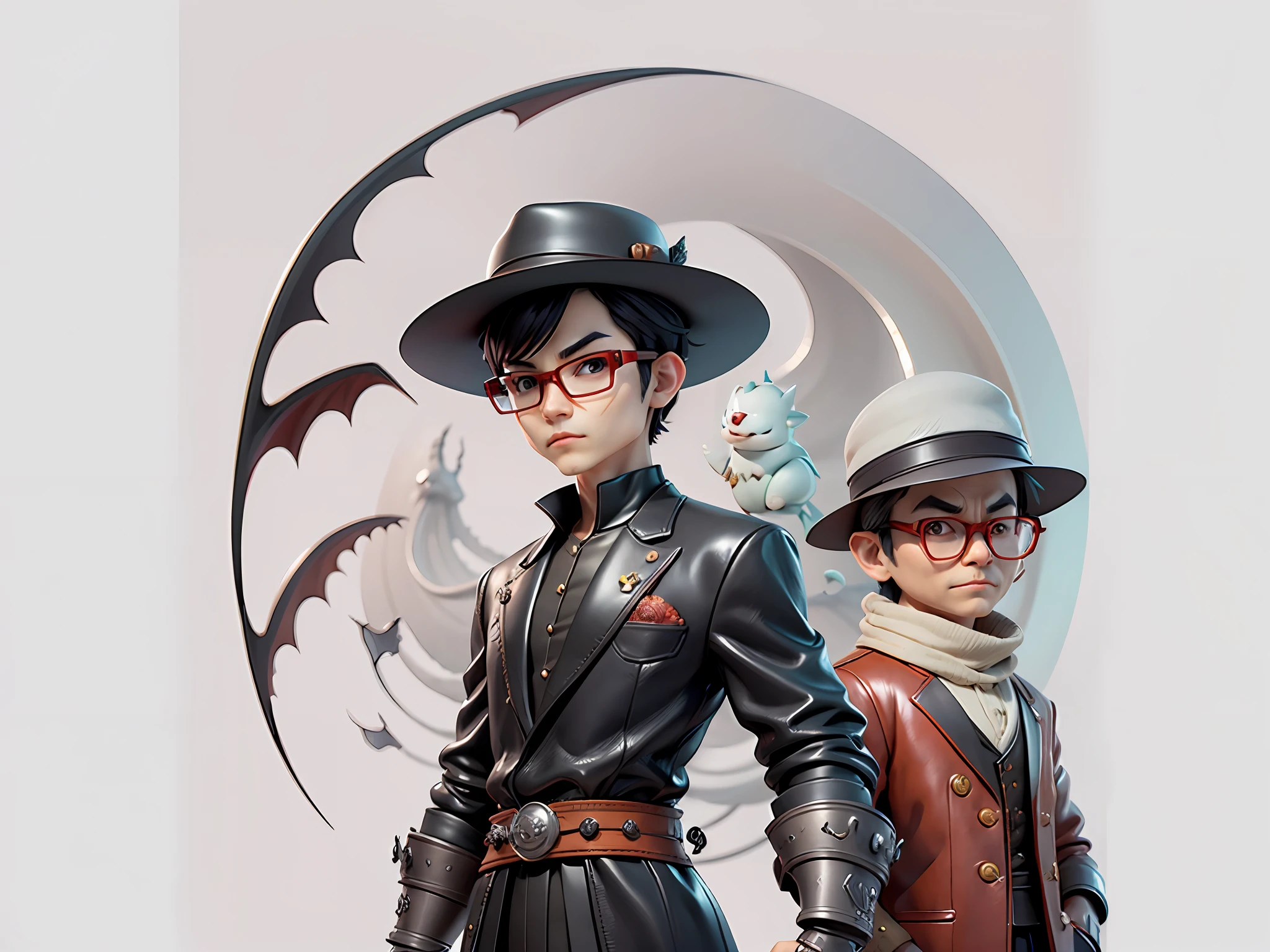 Young man with oriental face in leather hat, dragon, formal suit, short black hair, silver glasses, digital painting, 3D character design by Mark Clairedon and Pixar and Hayao Miyazaki and Akira Toriyama, the illustration is a high-definition illustration in 4K resolution with very detailed facial features and cartoon-style visuals.