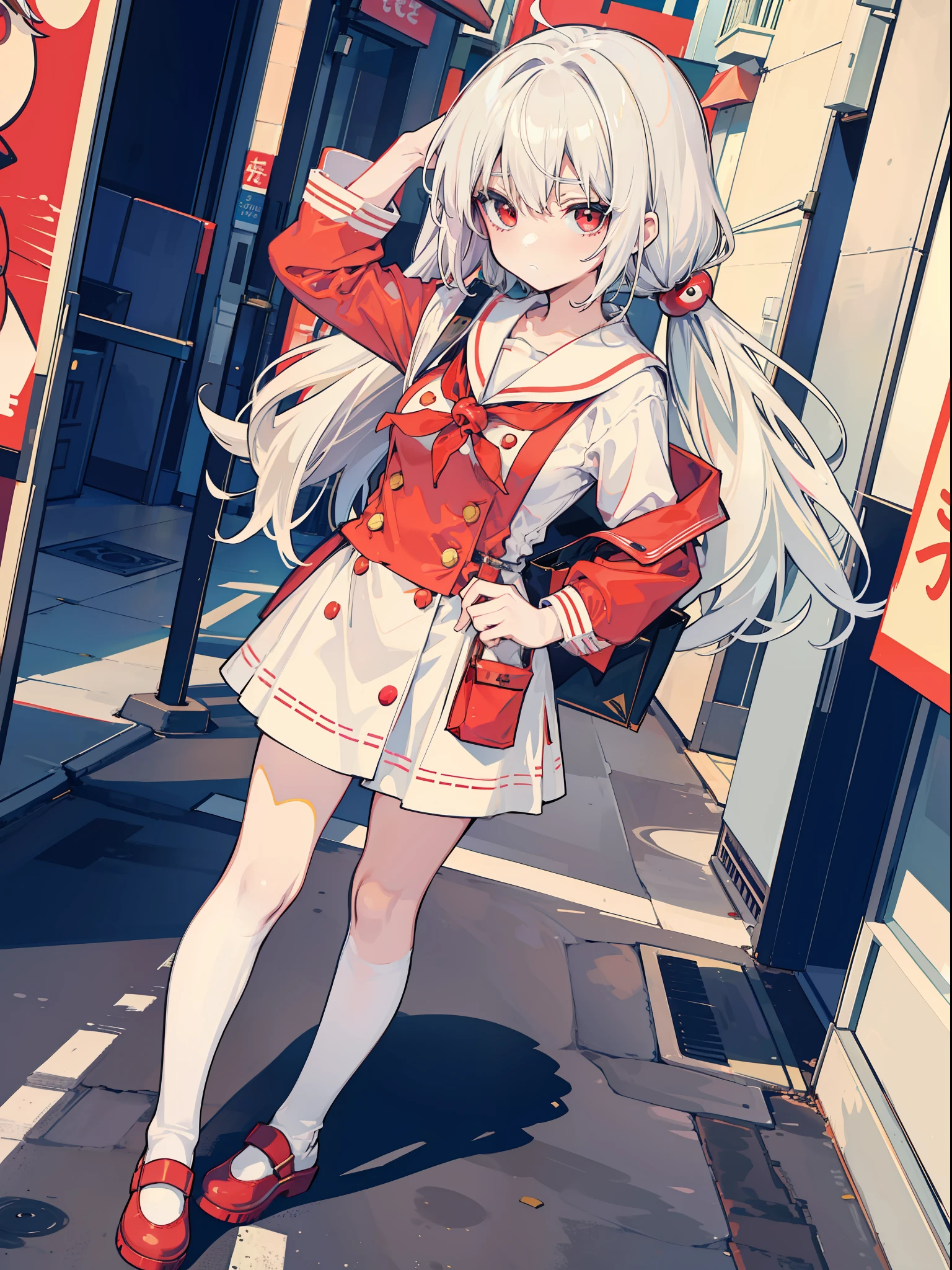anime big breast，1girl，White-haired, red-eyed, shy small-breasted loli in a sailor suit，Set against the backdrop of a shopping street，