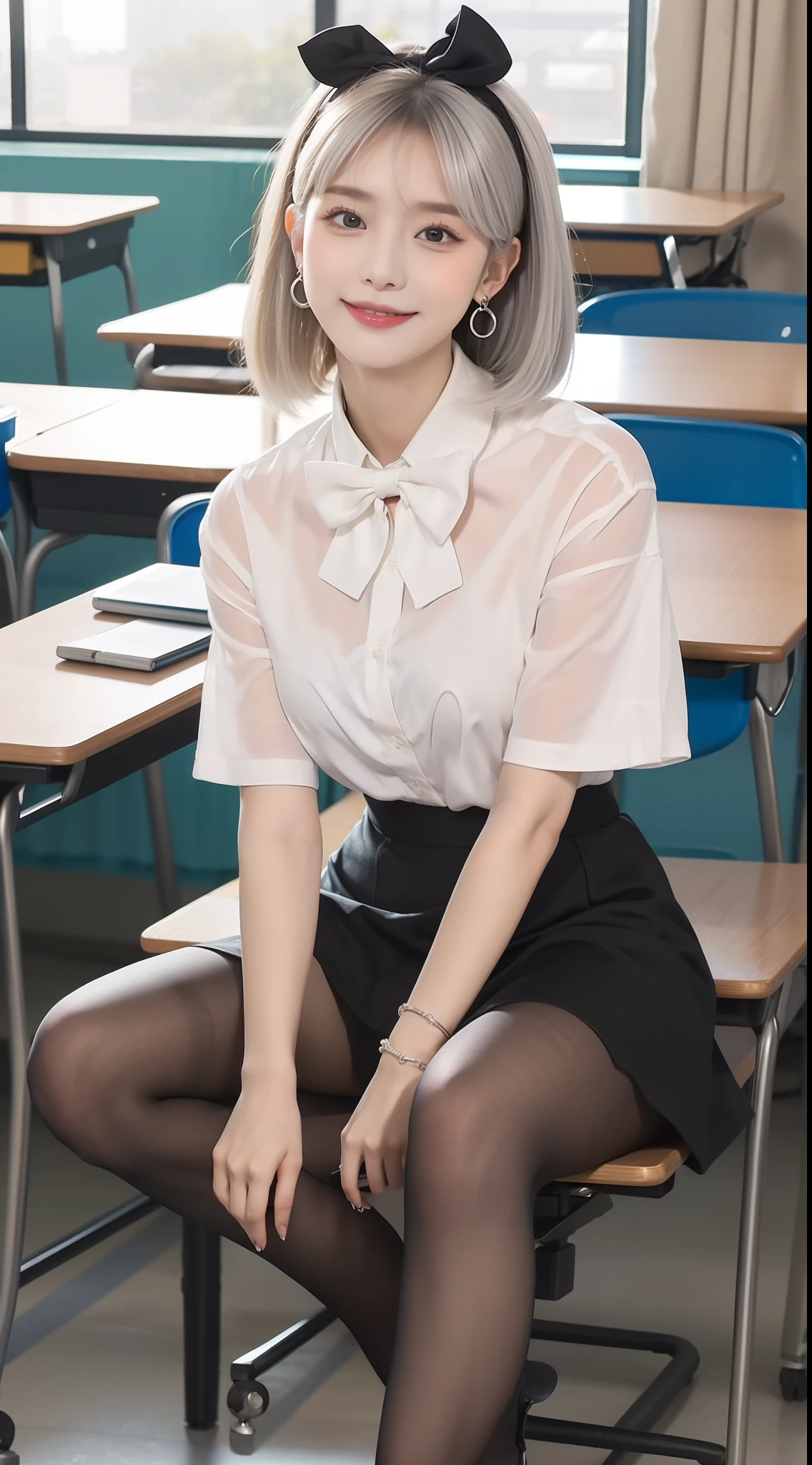(true to life,Photorealistic 1.5),((best qualtiy, 8K, tmasterpiece:1.3)),SLR camera (二重まぶた,largeeyes:1.3),(smile1.5),(Full body photo 1.5)(One person 1.5)Clear focus 1.2, Perfect body beauty:1.4 , Delicate skin1.1,(Short silver-white hair1.5),(Delicate facial features1.4),(Pure desire 1.3)(Black pantyhose 1.5)(The leg length is one meter two,1.5),Hair is slightly curled,White shirt,Bow knot,pleatedskirt,Slender legs,high-heels,With earrings,Wristband jade bracelet,rimless eyewears,Sit in a classroom swivel chair