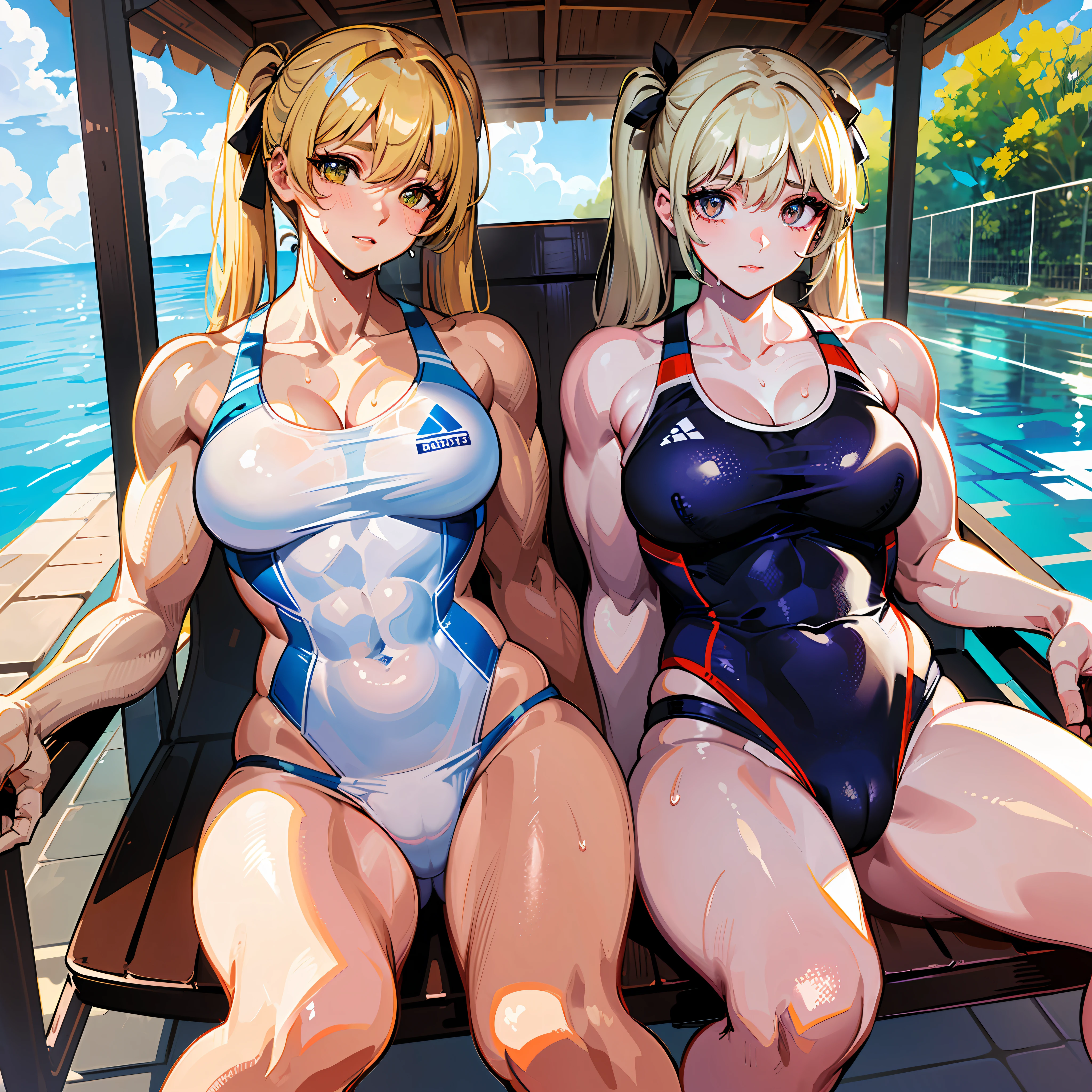 ((masterpiece))、((Top image quality))、((top-quality))、(((Illustration of one woman)))、(((muscle woman)))、full body Esbian、((25-years old))、((neuter))、((Blonde twintails))、Light golden eyes、((Long body))、(((perspiring)))、((Steam wafting all over the body))、((Body wet with sweat))、(((Muscular and strong body)))、((Split abs))、(((muscular and thick arms)))、(((muscular and thick thighs)))、((manspreading))、((Sports Swimwear))、Sitting on a deck chair、in poolside