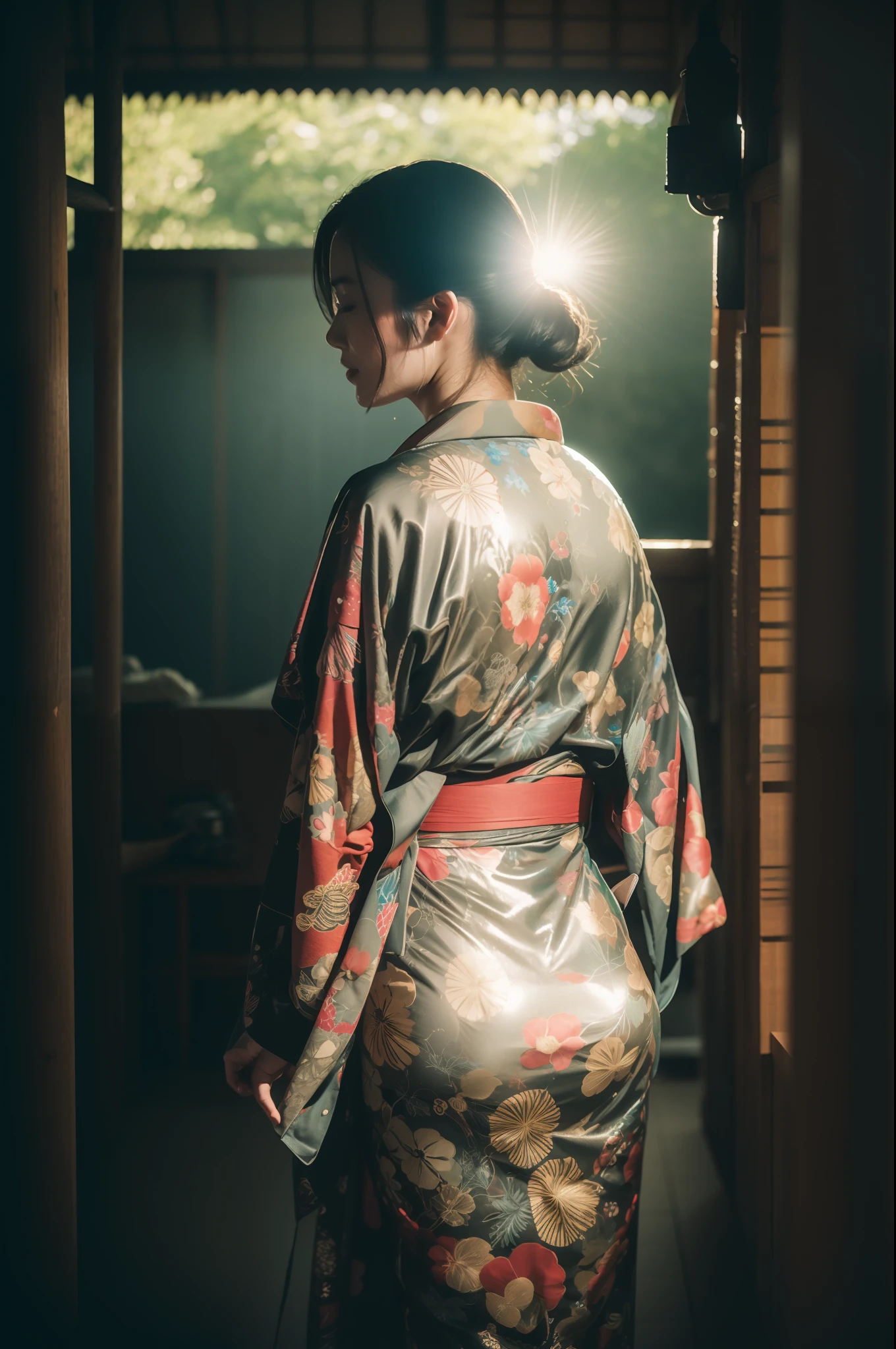 Ass, gals, (shiny oiled skin:1.2), Wearing a traditional patterned Japan kimono, Gal exposes her ass, thick mist, sony a7, Film grain, a dark night, Photorealistic, one-point perspective, 32K, diffuse reflection, colorful shiny particles, Lens Flare, Soft lighting